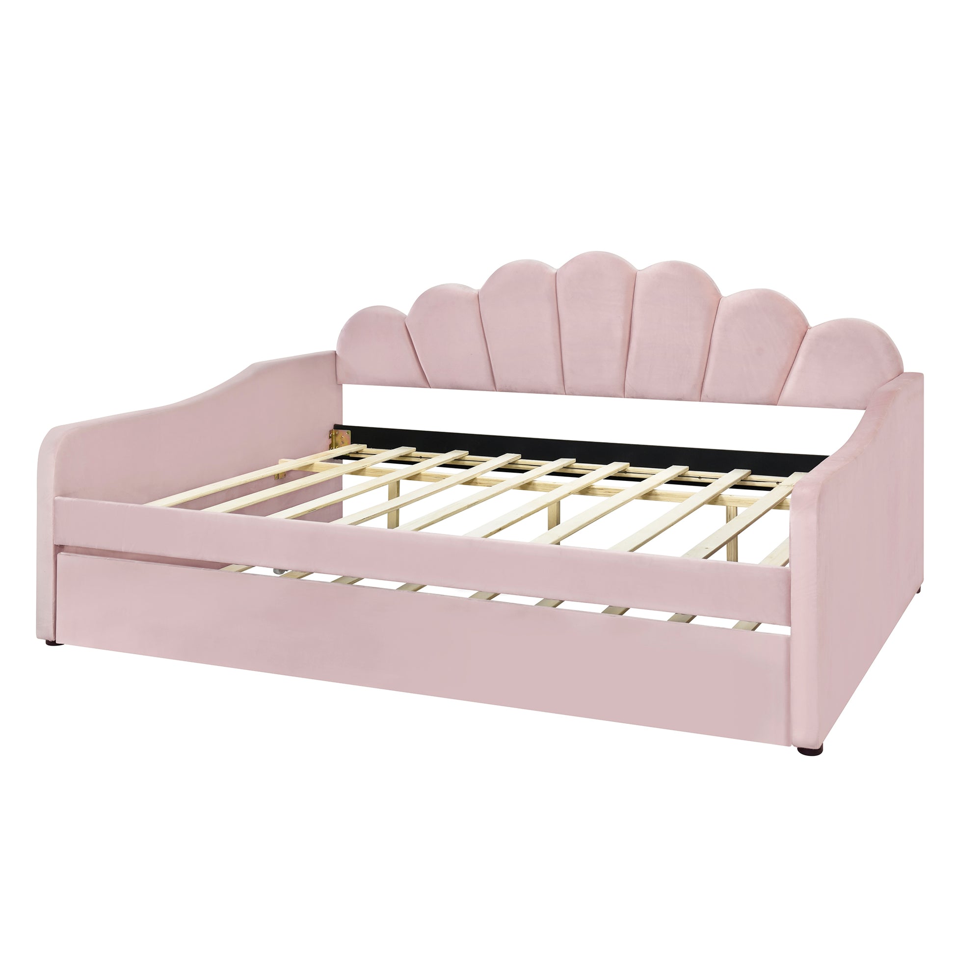 Full Size Upholstery Daybed Frame With Shall Shaped Backrest And Trundle,Pink Full Pink Upholstered