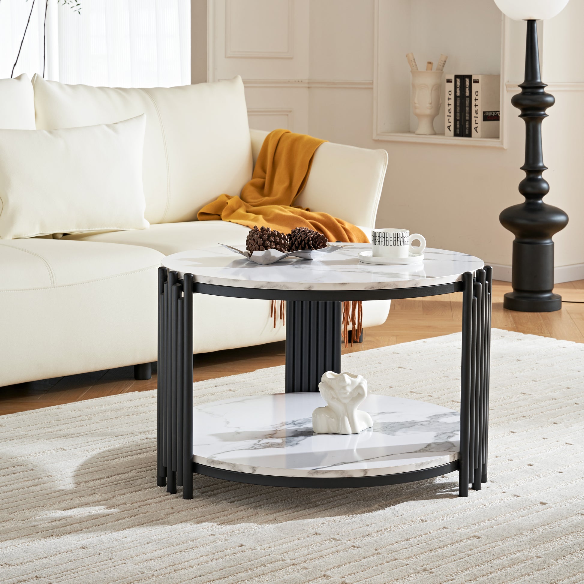 28.35 Inches Round Coffee Table, Small Coffee Table With Storage, Faux Marbling Top & Sturdy Metal Legs, Modern Sofa Table For Living Room, Small Spaces, Home Furniture With Storage Open Shelf. Black Black Mdf Metal