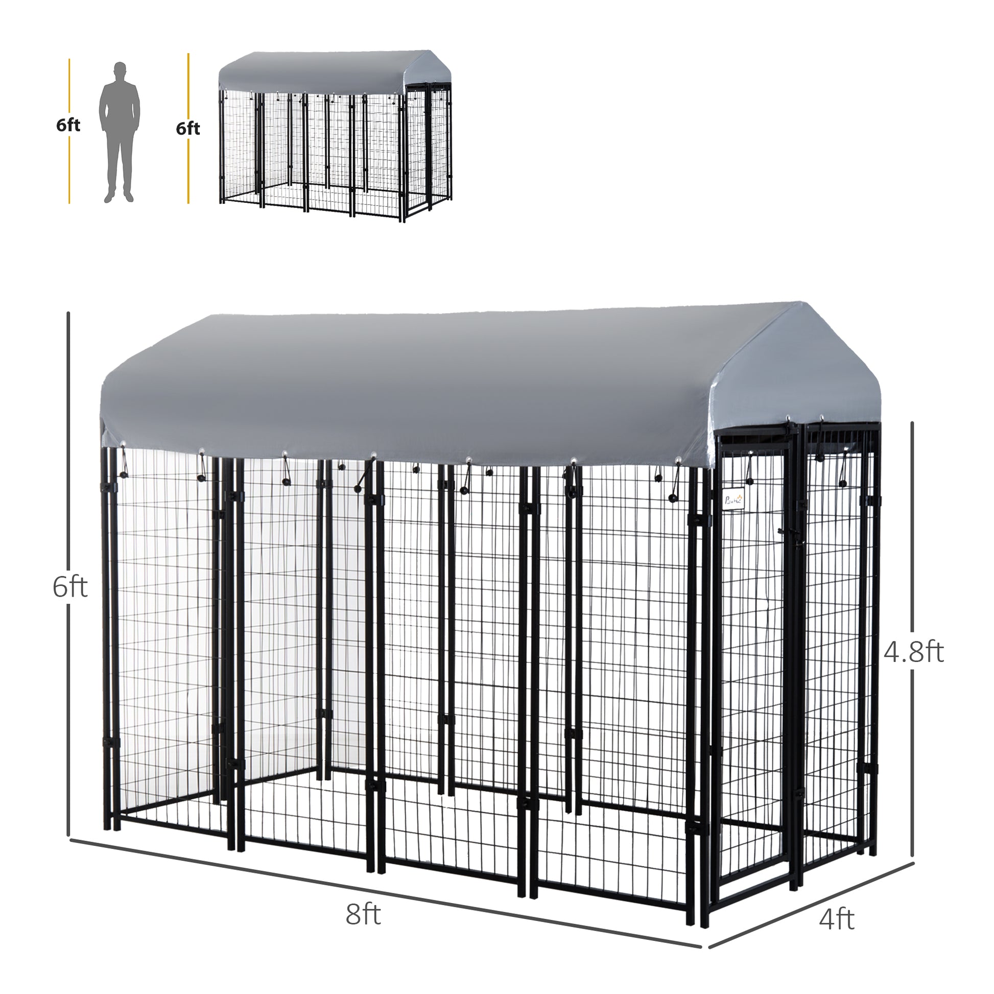 Pawhut 8' X 4' X 6' Dog Playpen Outdoor, Dog Kennel Dog Exercise Pen With Lockable Door, Water Resistant Canopy, For Medium And Large Dogs Black Steel