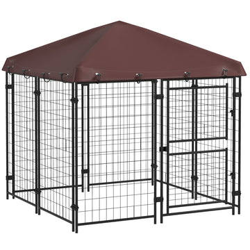 Pawhut 4.6' X 5' Dog Kennel Outdoor With Waterproof Cover, Dog Playpen For Small And Medium Sized Dogs With Two Part Door Design, Brown Brown Steel