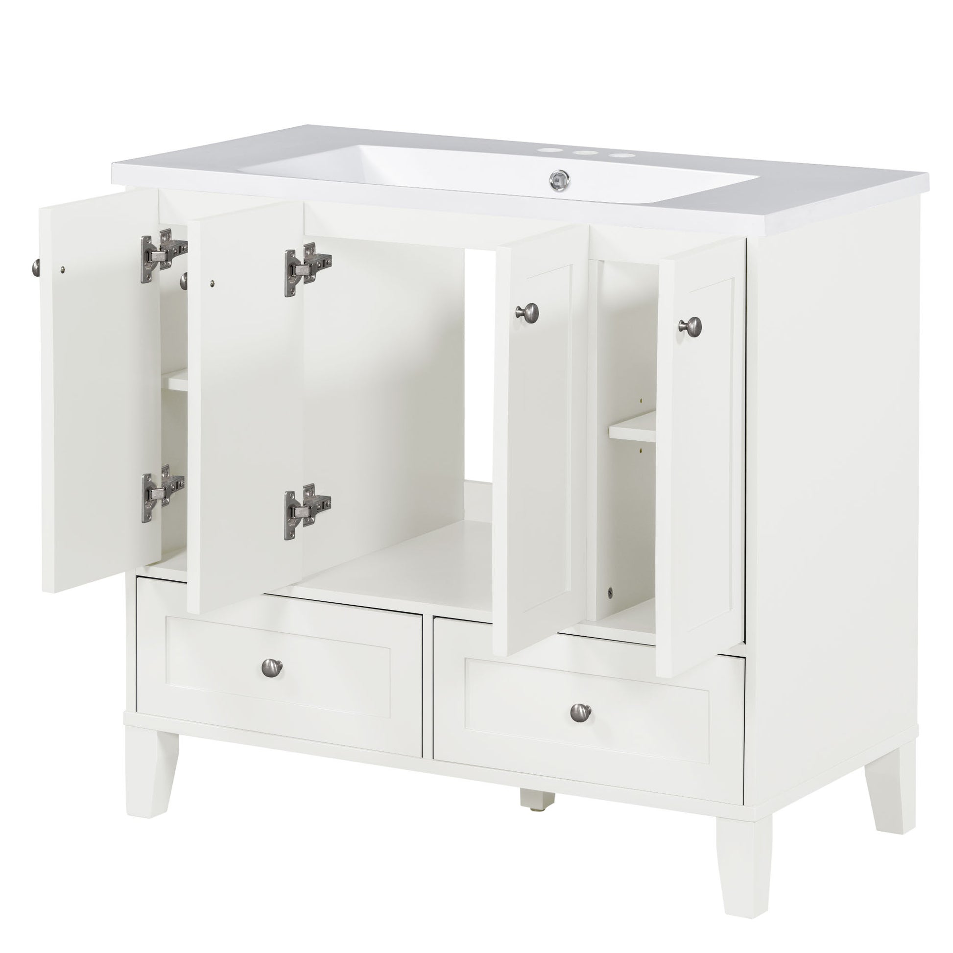 36'' Bathroom Vanity With Resin Sink Combo,Solid Wood Frame Bathroom Storage Cabinet, Freestanding Vanity Set With 4 Soft Closing Doors& 2 Drawers 2 White 4 5 Adjustable Shelves Bathroom Freestanding Solid Wood Mdf Resin Painted