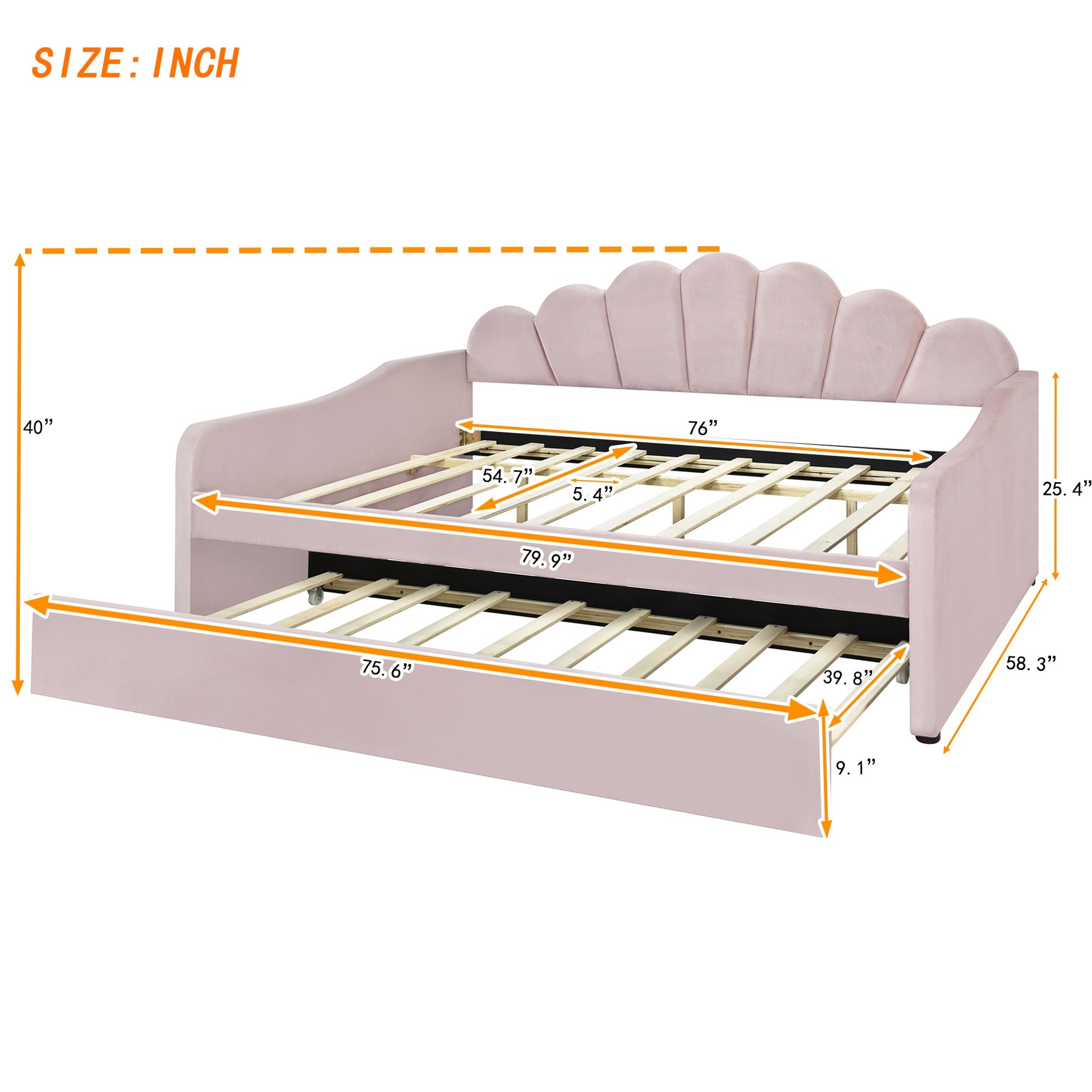 Full Size Upholstery Daybed Frame With Shall Shaped Backrest And Trundle,Pink Full Pink Upholstered