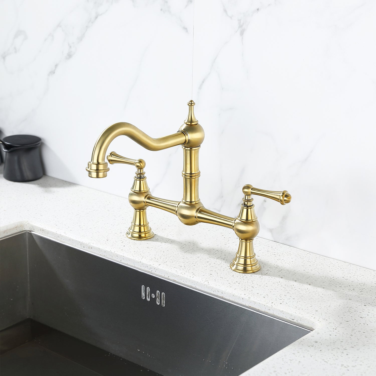 Double Handle Widespread Kitchen Faucet With Traditional Handles Brushed Gold Brass