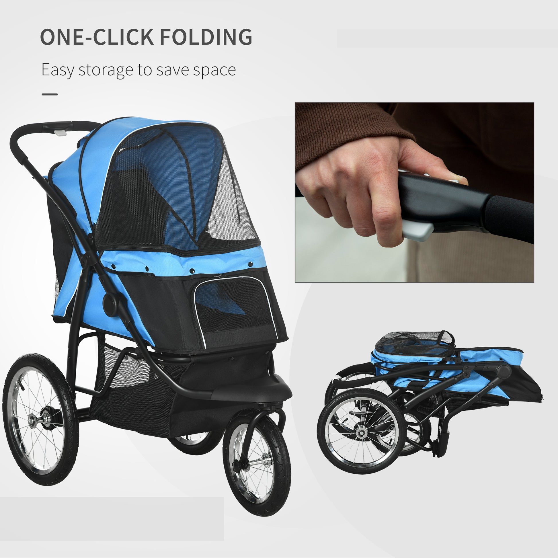 pet gear small dog stroller Pawhut Pet Stroller For Small And Medium Dogs, 3 Big Wheels Foldable Cat Stroller With Adjustable Canopy, Safety Tether, Storage Basket, Blue Blue