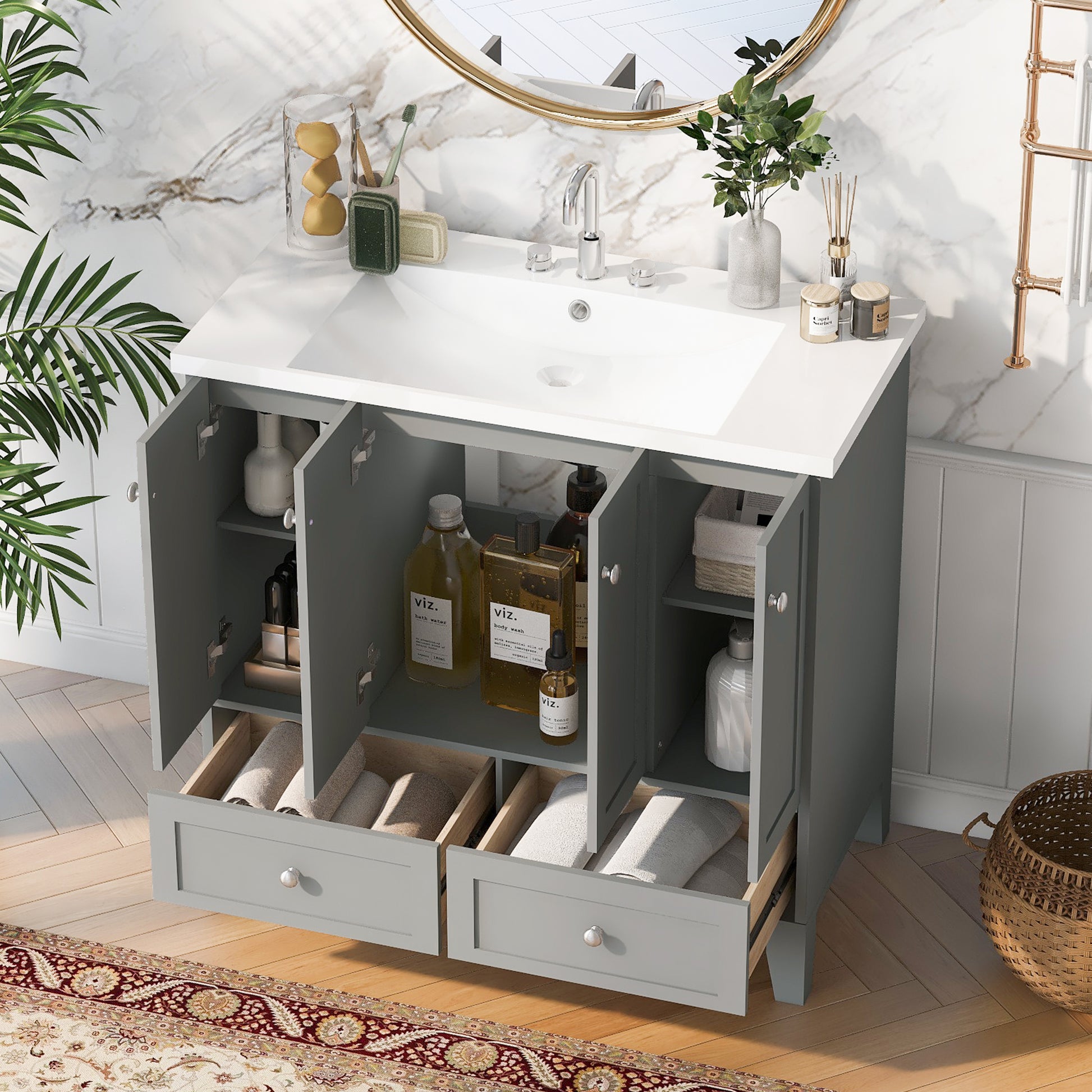 36'' Bathroom Vanity with Resin Sink Combo,Solid Wood 2-grey-4+-5+-adjustable