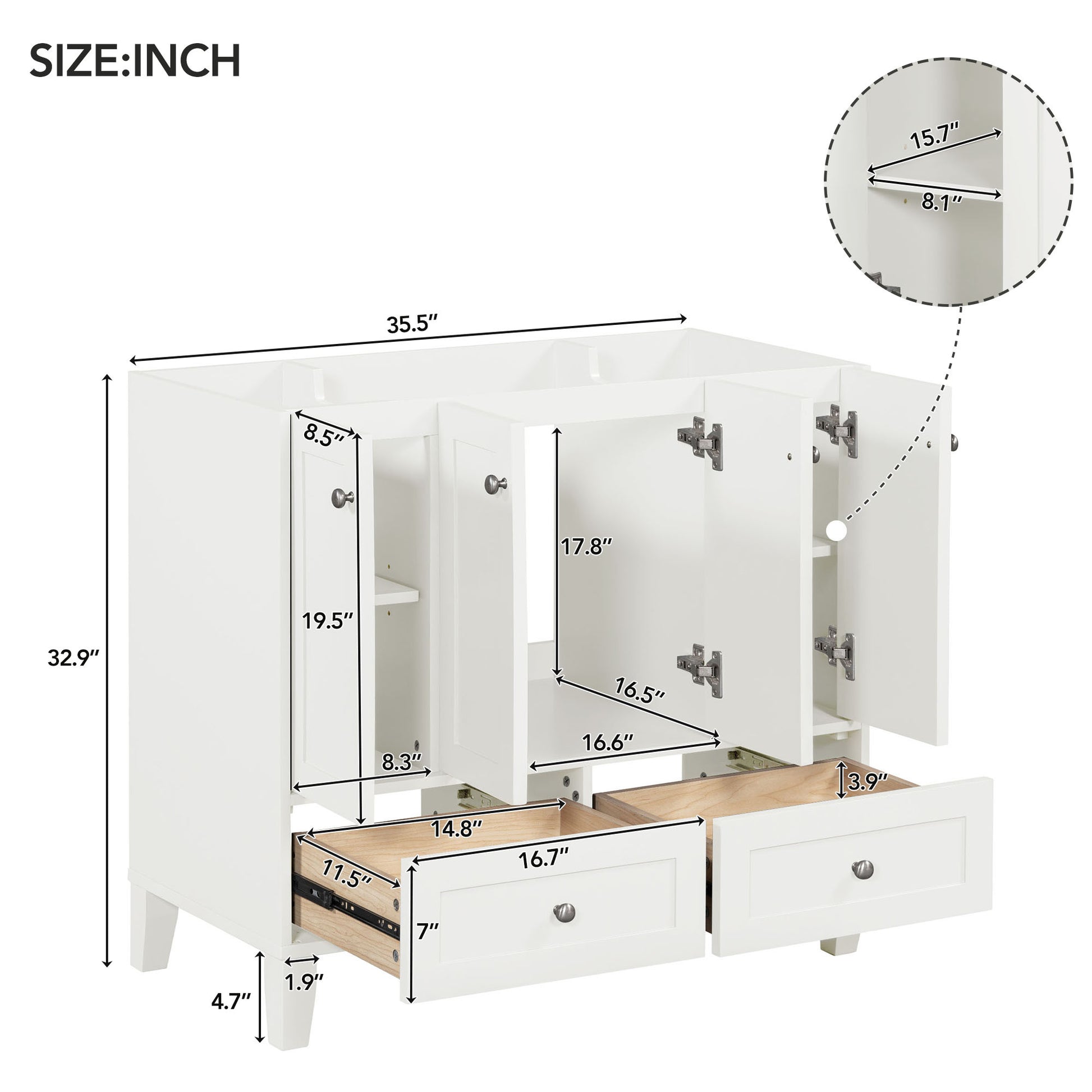 36'' Bathroom Vanity without Countertop,Solid Wood 2-white-4+-5+-adjustable