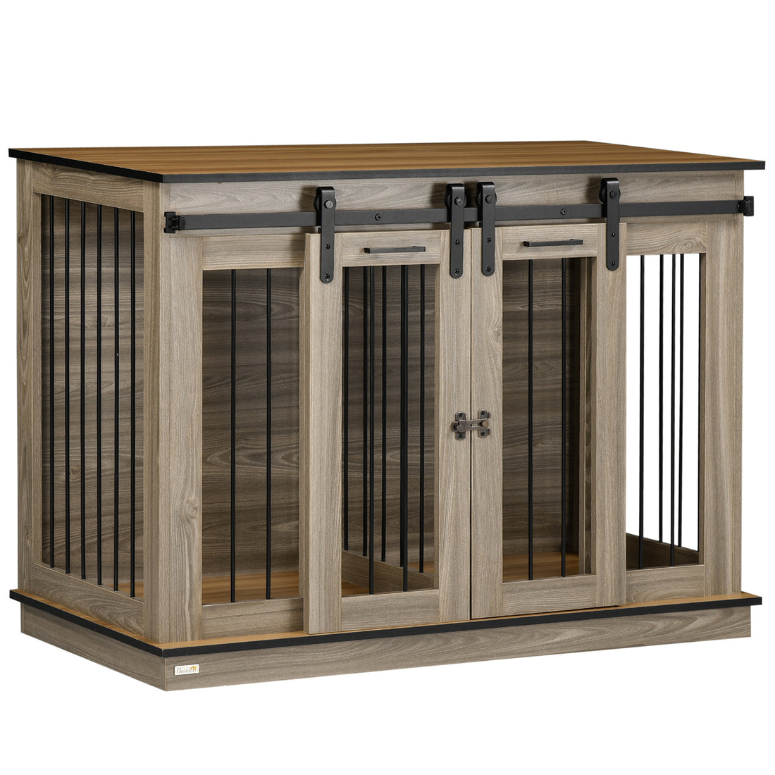 Pawhut Dog Crate Furniture With Divider, Dog Crate End Table For Small To Large Dogs, Large Indoor Dog Kennel With Double Doors, 47"W X 23.5"D X 35"H, Oak Natural Steel