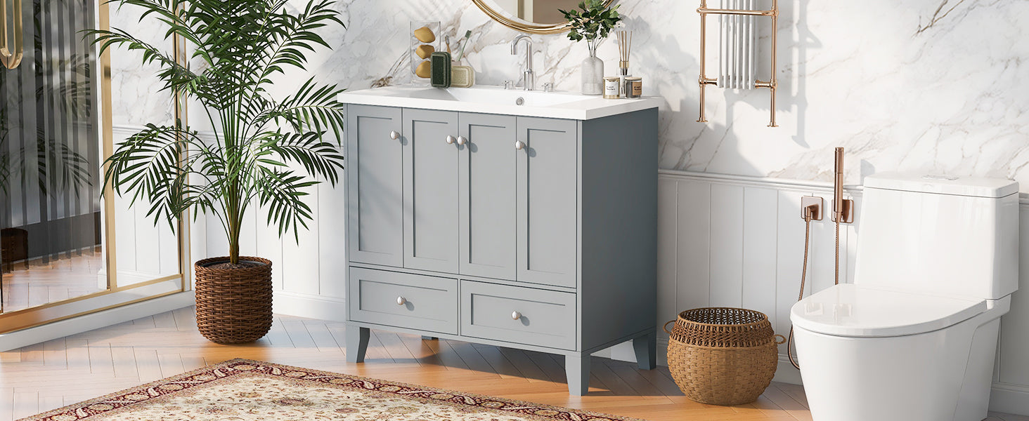 36'' Bathroom Vanity With Resin Sink Combo,Solid Wood Frame Bathroom Storage Cabinet, Freestanding Vanity Set With 4 Soft Closing Doors& 2 Drawers 2 Grey 4 5 Adjustable Shelves Bathroom Freestanding Solid Wood Mdf Resin Painted