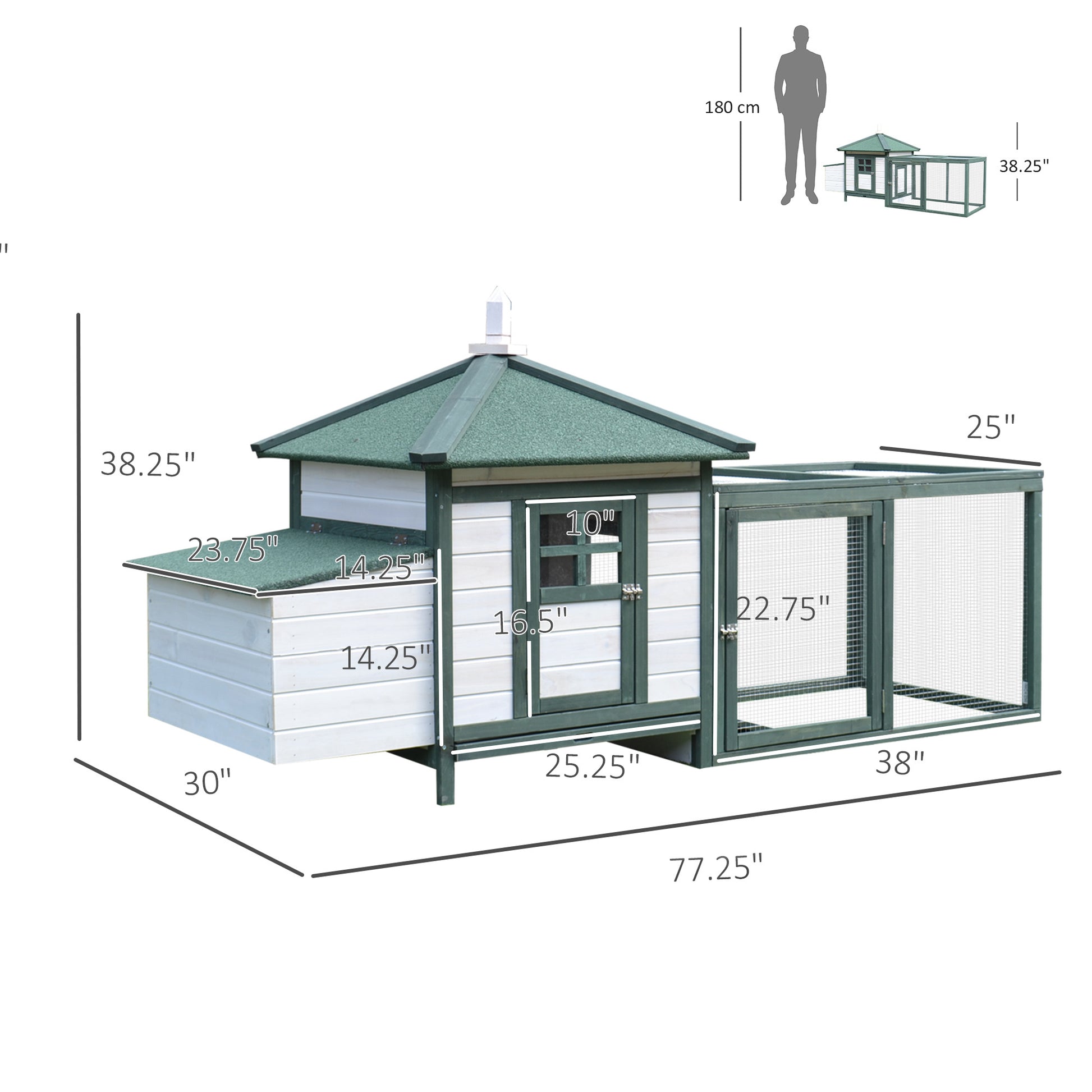 Pawhut 77" Wooden Chicken Coop With Nesting Box, Cute Outdoor Hen House With Removable Tray, Ramp Run, For Garden Backyard, Green White Wood