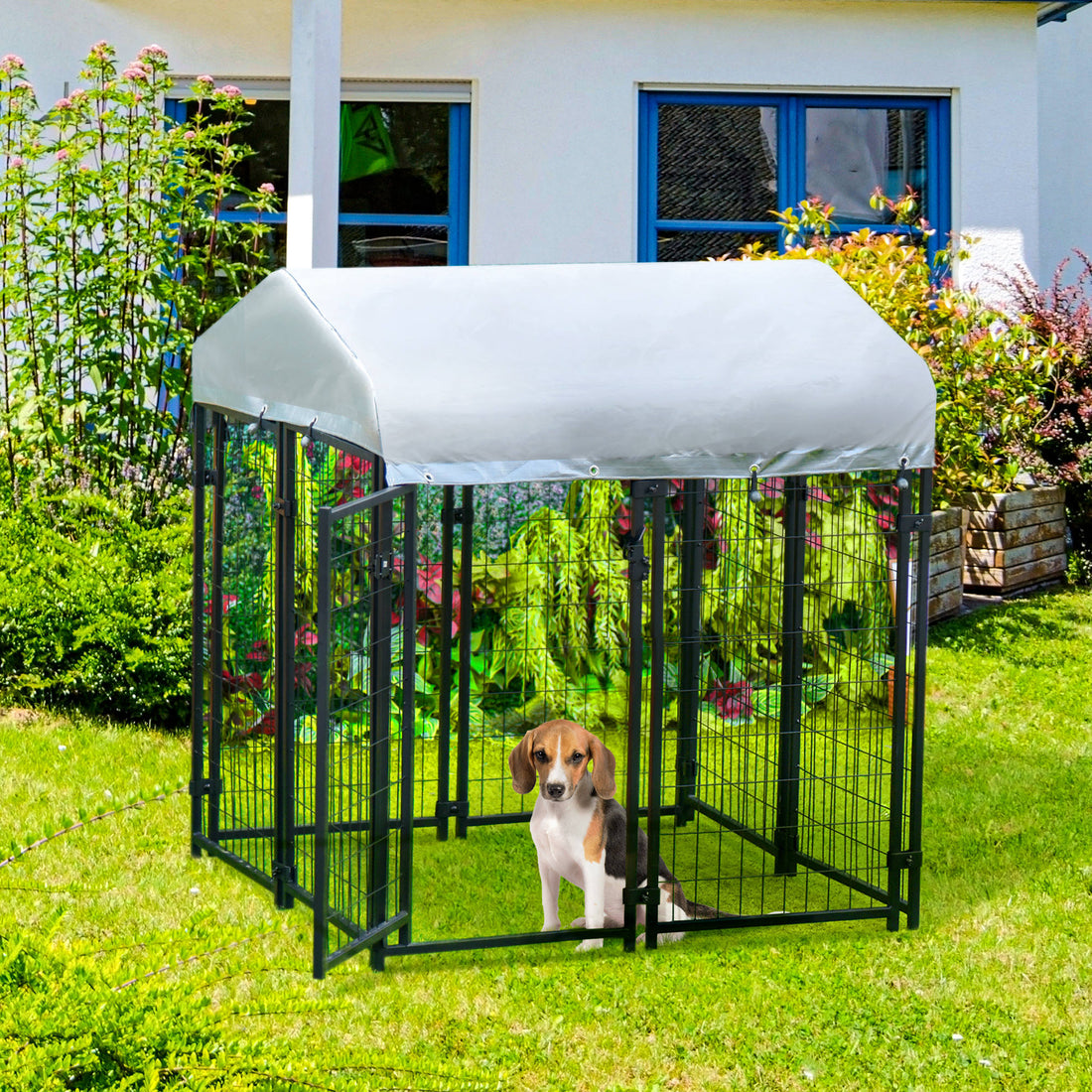 Pawhut 4' X 4' X 4.5' Dog Playpen Outdoor, Dog Kennel Dog Exercise Pen With Lockable Door, Water Resistant Canopy, For Small And Medium Dogs Black Steel