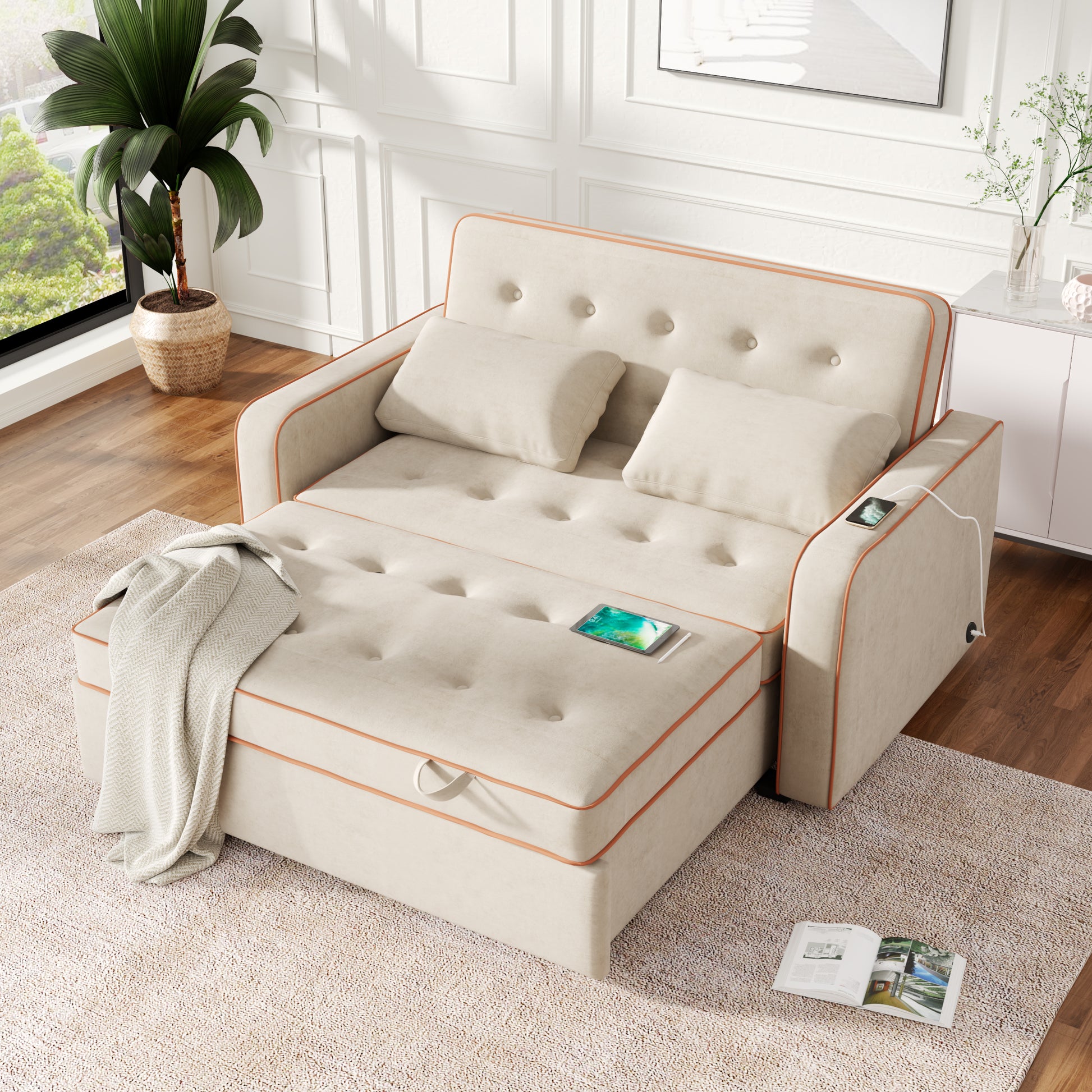 66.5" Velvet Upholstered Sleeper Bedpull Out Sofa Bed Couch Attached Two Throw Pillows,Dual Usb Charging Port And Adjustable Backrest For Living Room Space, Light Beige Beige Foam Velvet 2 Seat