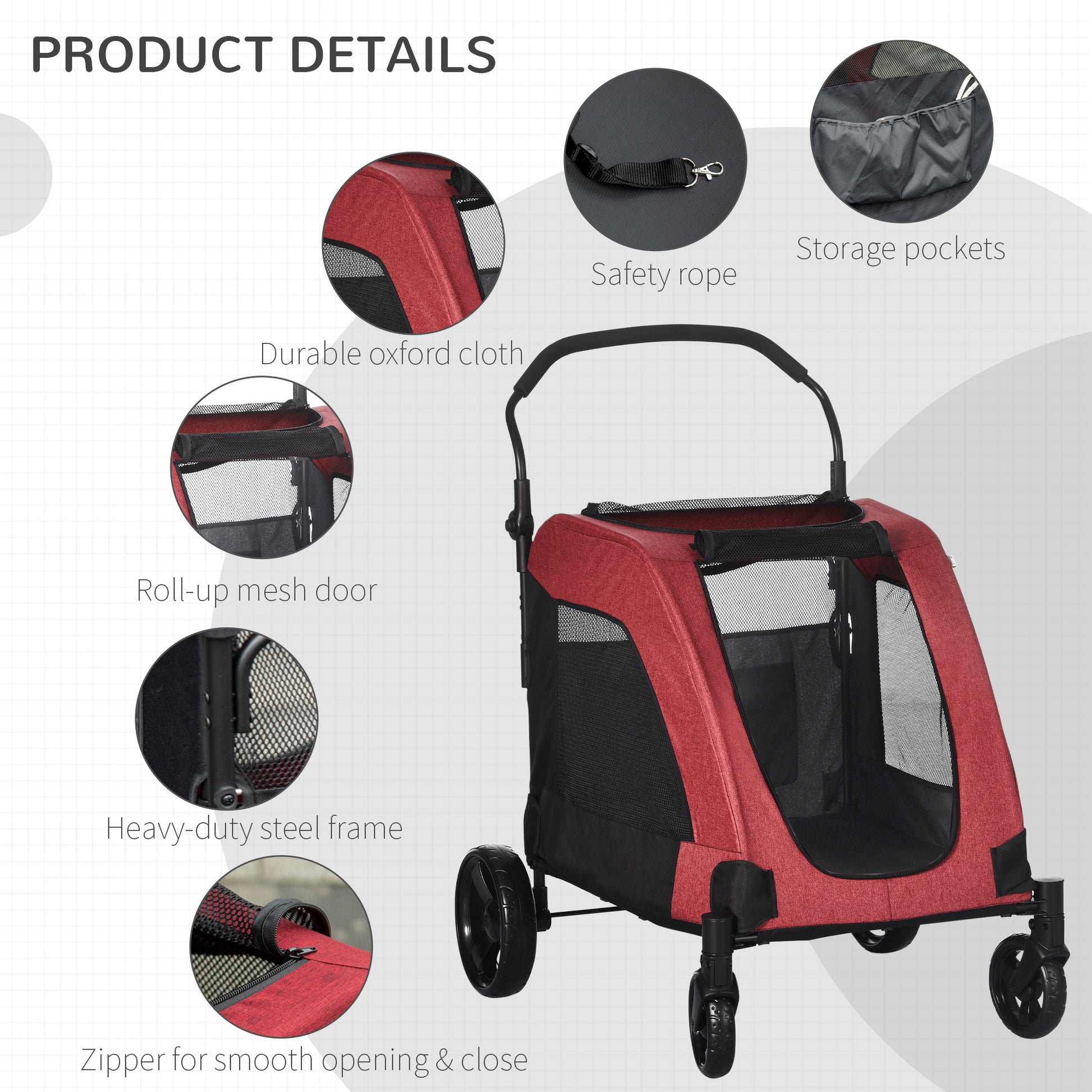 Pawhut Pet Stroller Universal Wheel With Storage Basket Ventilated Foldable Oxford Fabric For Medium Size Dogs, Red Red Iron