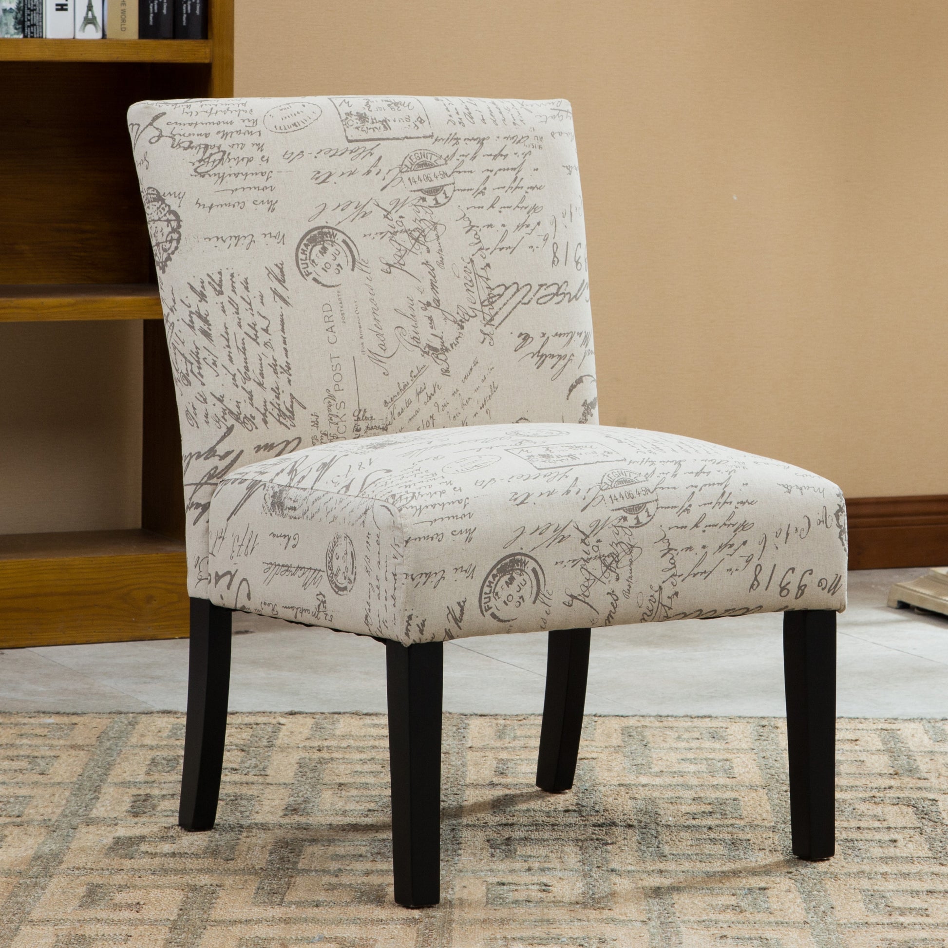 Botticelli English Letter Print Fabric Armless Contemporary Accent Chair White Polyester Blend