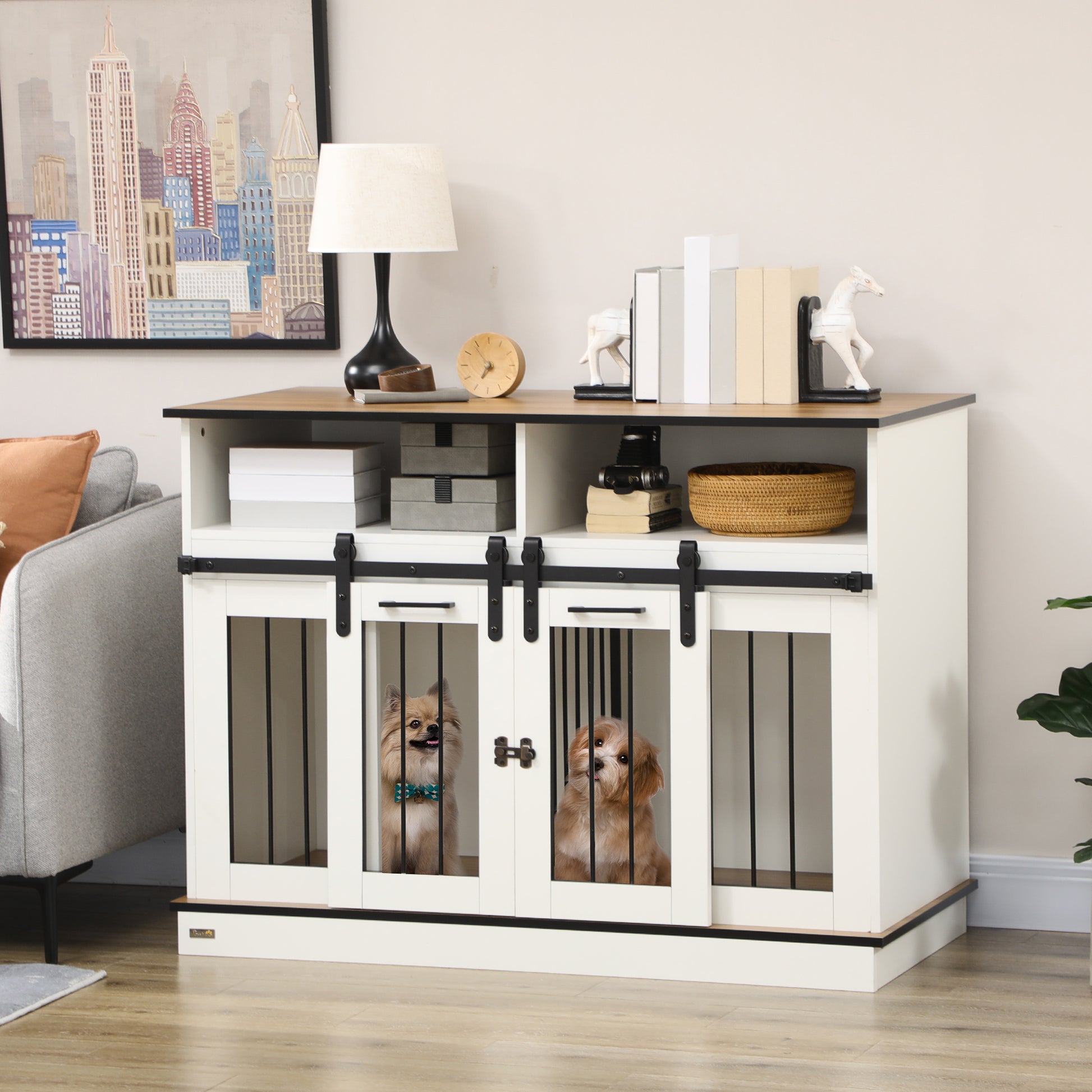 Pawhut Dog Crate Furniture For Large Dogs Or Double Dog Kennel For Small Dogs With Shelves, Sliding Doors, 47" X 23.5" X 35", White White Steel