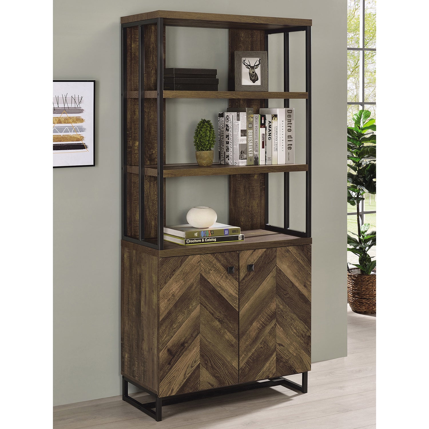 2 Door Bookcase In Rustic Oak Herringbone And Gunmetal 3 Dark Oak Open Back Particle Board Mdf