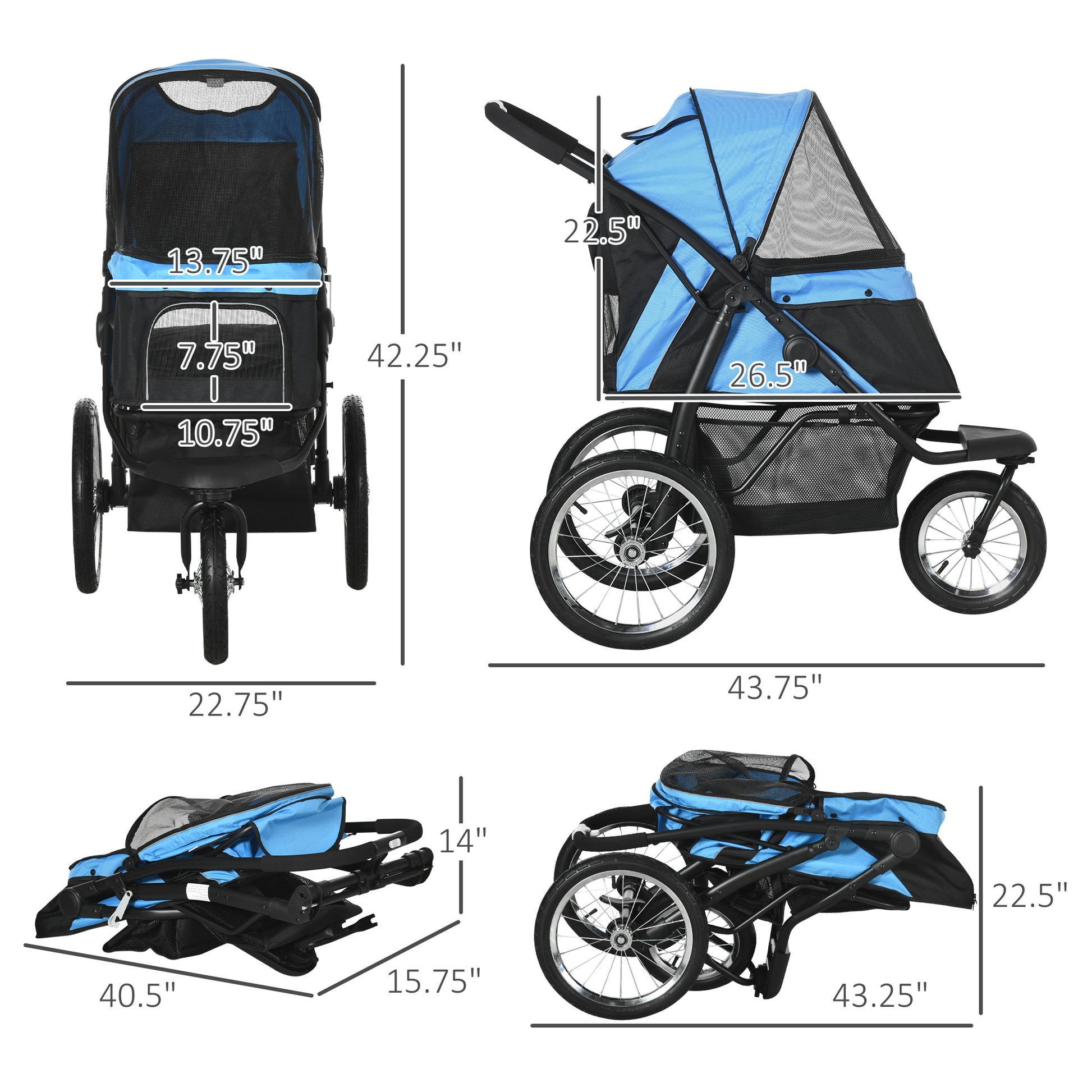 dog stroller blue Pawhut Pet Stroller For Small And Medium Dogs, 3 Big Wheels Foldable Cat Stroller With Adjustable Canopy, Safety Tether, Storage Basket, Blue Blue