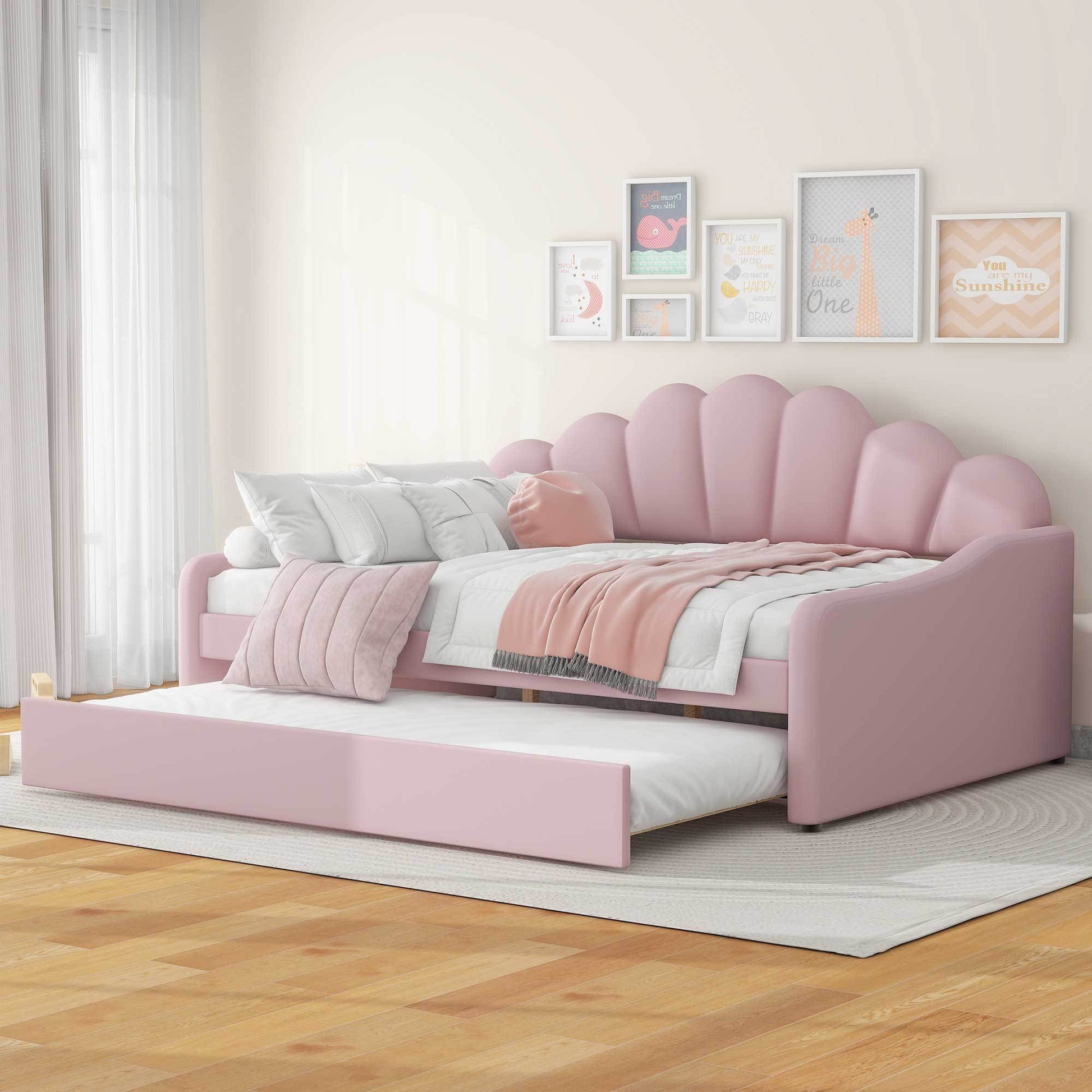 Full Size Upholstery Daybed Frame With Shall Shaped Backrest And Trundle,Pink Full Pink Upholstered