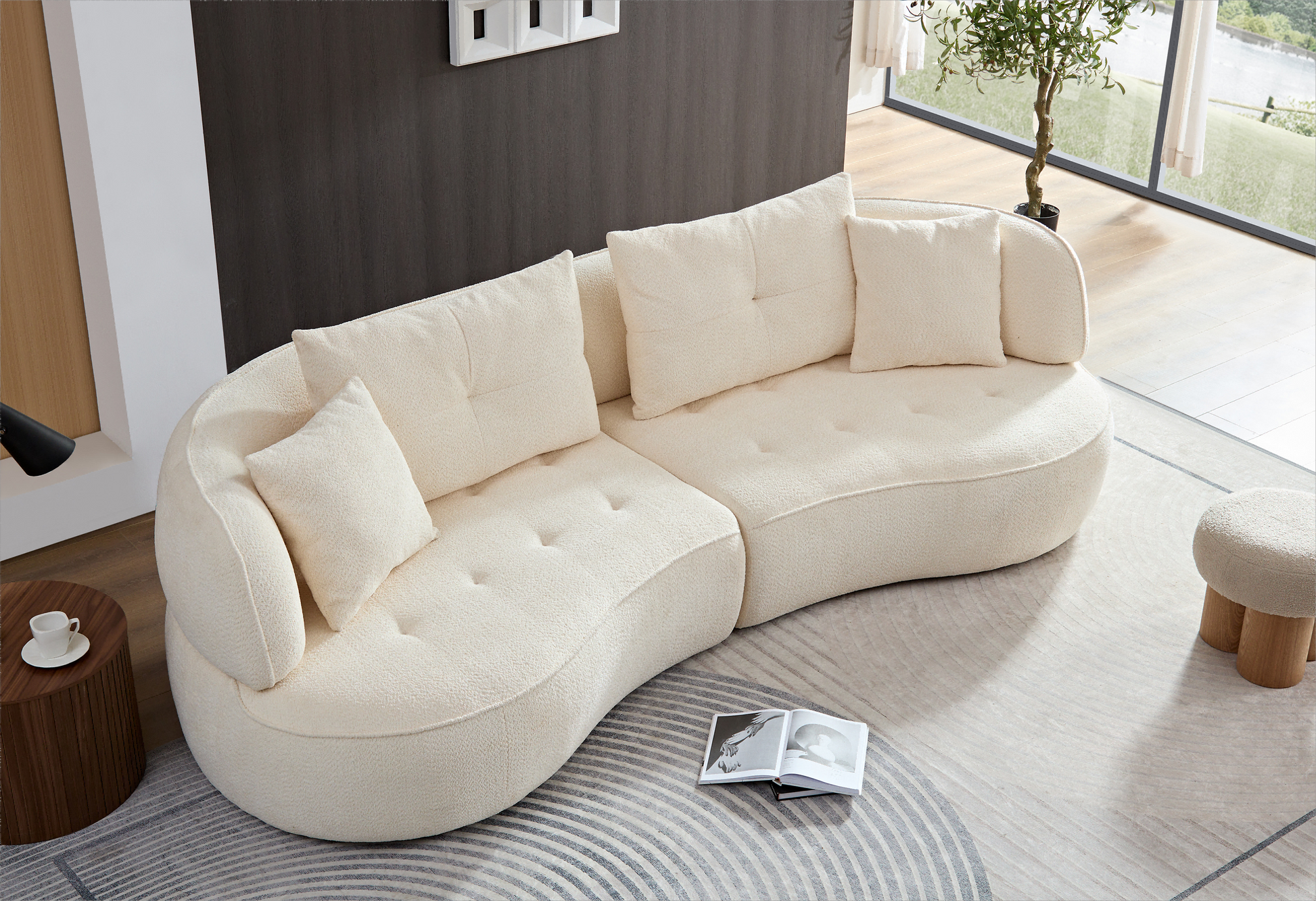 Wks7W White, 4 Seat Modular Sofa, Durable Fabric, Solid Wood Frame, High Density Sponge Cushion, 4 Pillows White Fabric 4 Seat