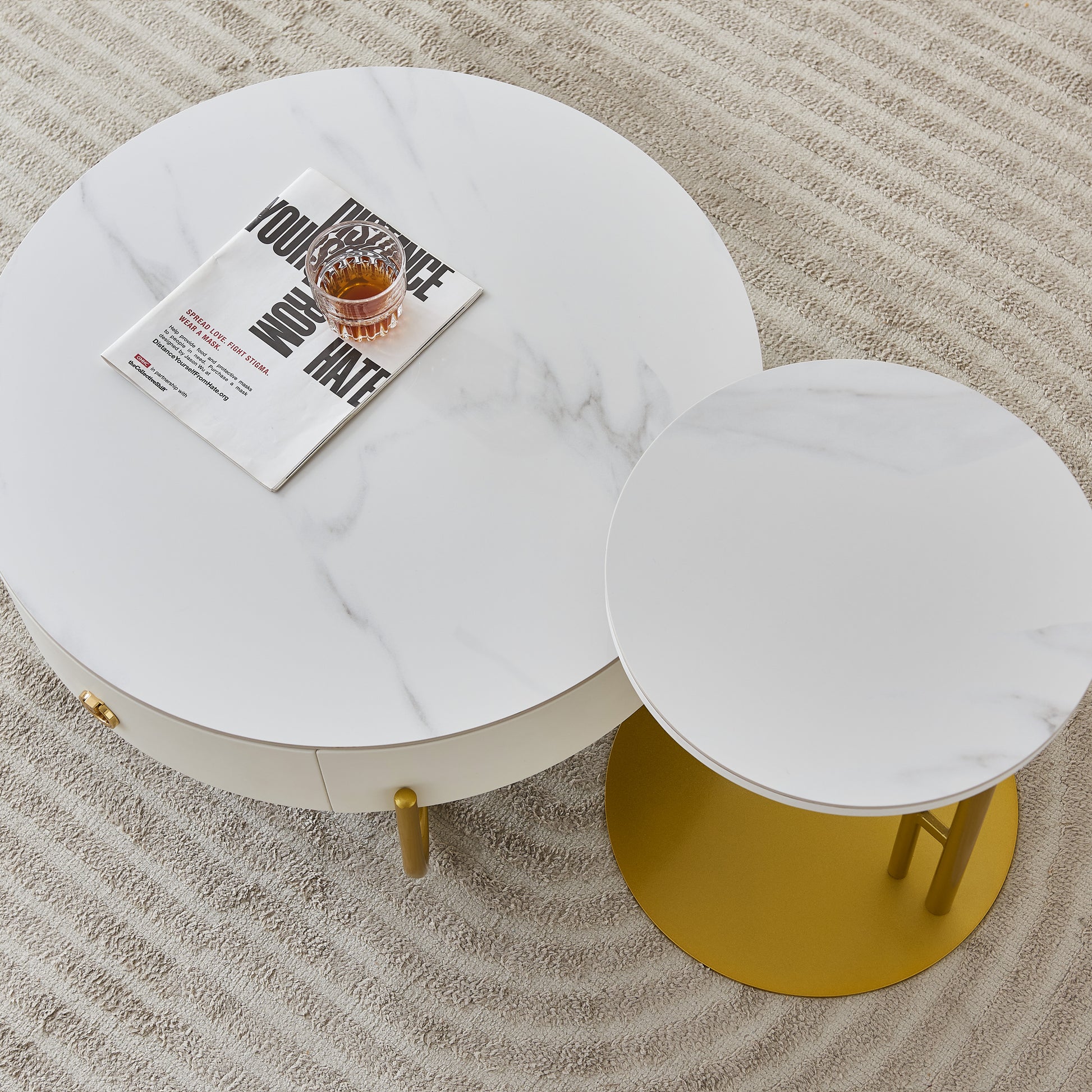 Morden Marble Nesting Table, Round Coffee Table Set Of 2 End Table For Living Room,Stacking Side Tables, For Living Room Bedroom, Accent Tea Table With Metal Frame, Sturdy And Easy Assembly Gold Gold Metal Stone