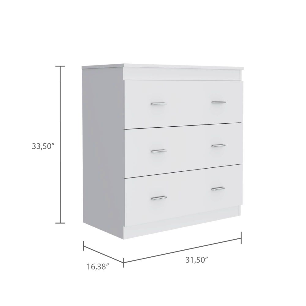 Topaz Three Drawer Dresser, Superior Top, Handles, White White Particle Board Particle Board