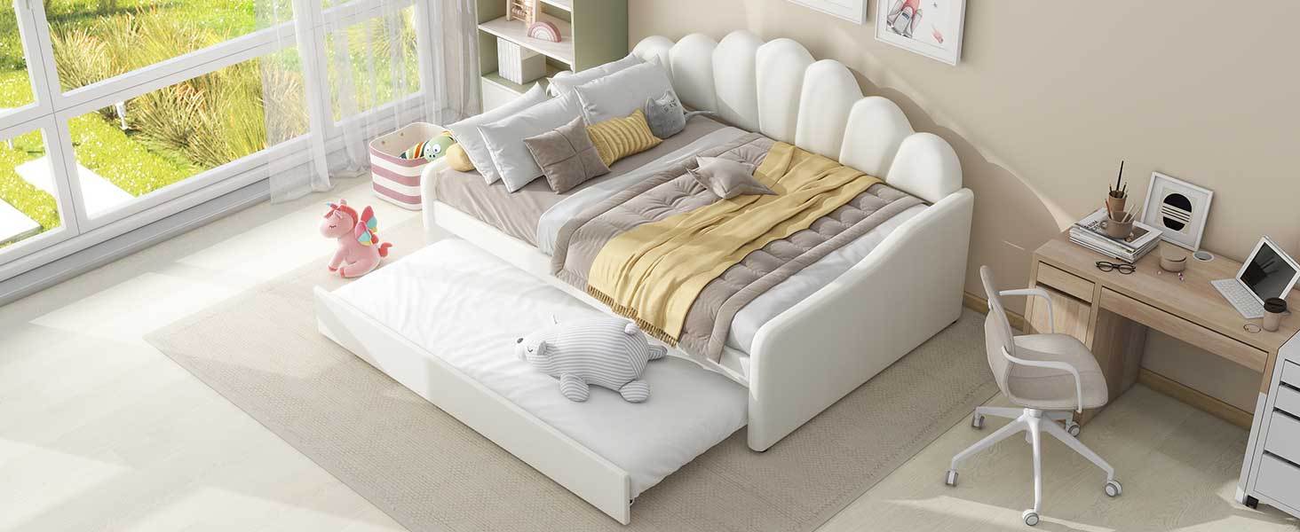 Full Size Upholstery Daybed Frame With Shall Shaped Backrest And Trundle,White Full White Solid Wood Mdf