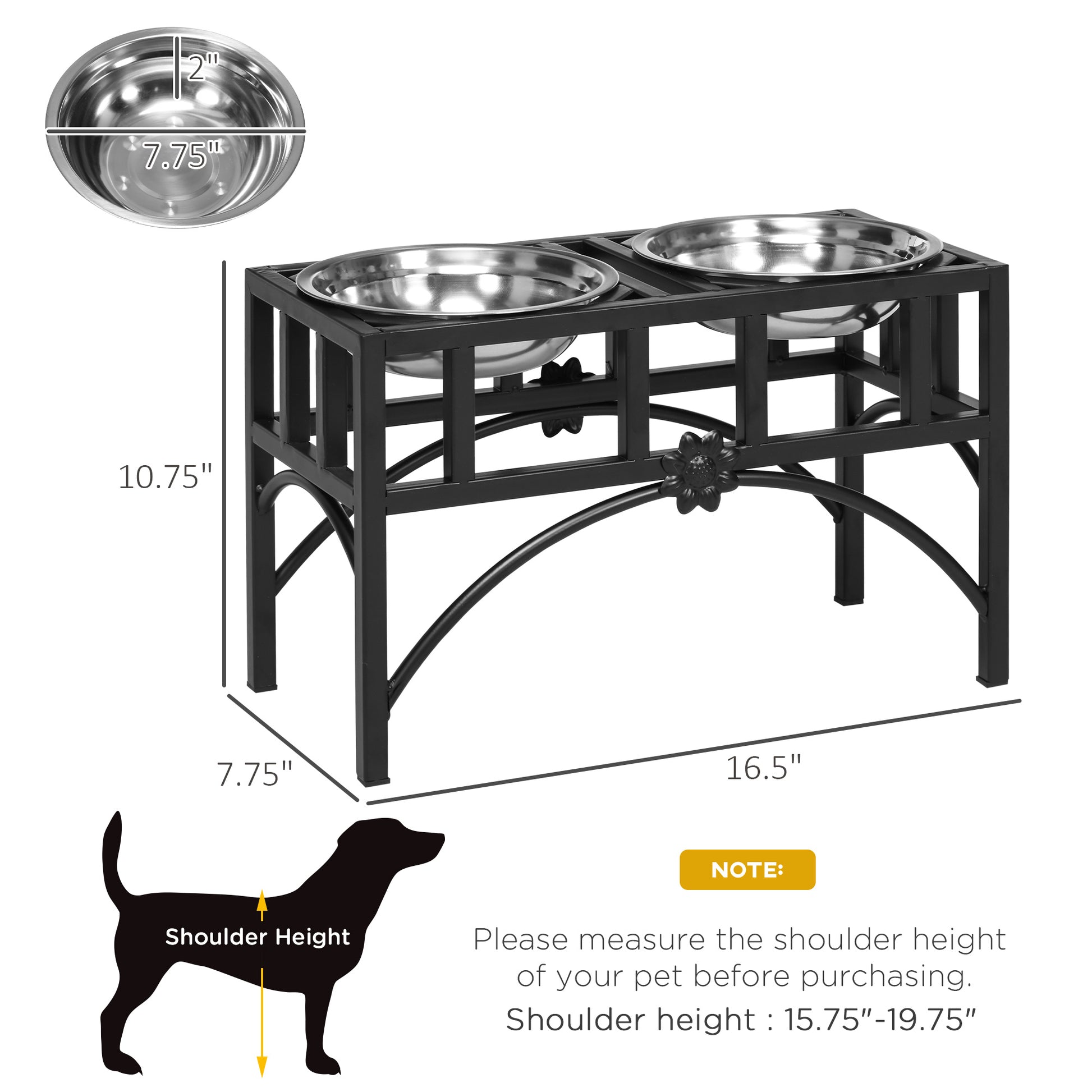 Pawhut Double Stainless Steel Heavy Duty Dog Food Bowl Elevated Pet Feeding Station For Medium Dogs, 17 Inches Black Steel