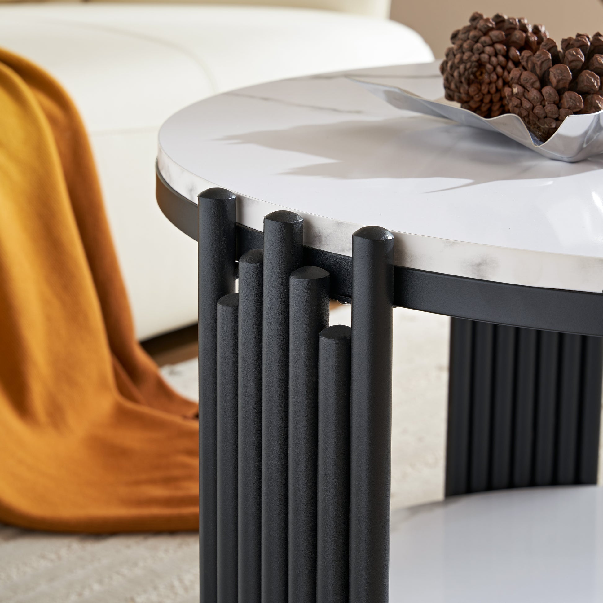 28.35 Inches Round Coffee Table, Small Coffee Table With Storage, Faux Marbling Top & Sturdy Metal Legs, Modern Sofa Table For Living Room, Small Spaces, Home Furniture With Storage Open Shelf. Black Black Mdf Metal