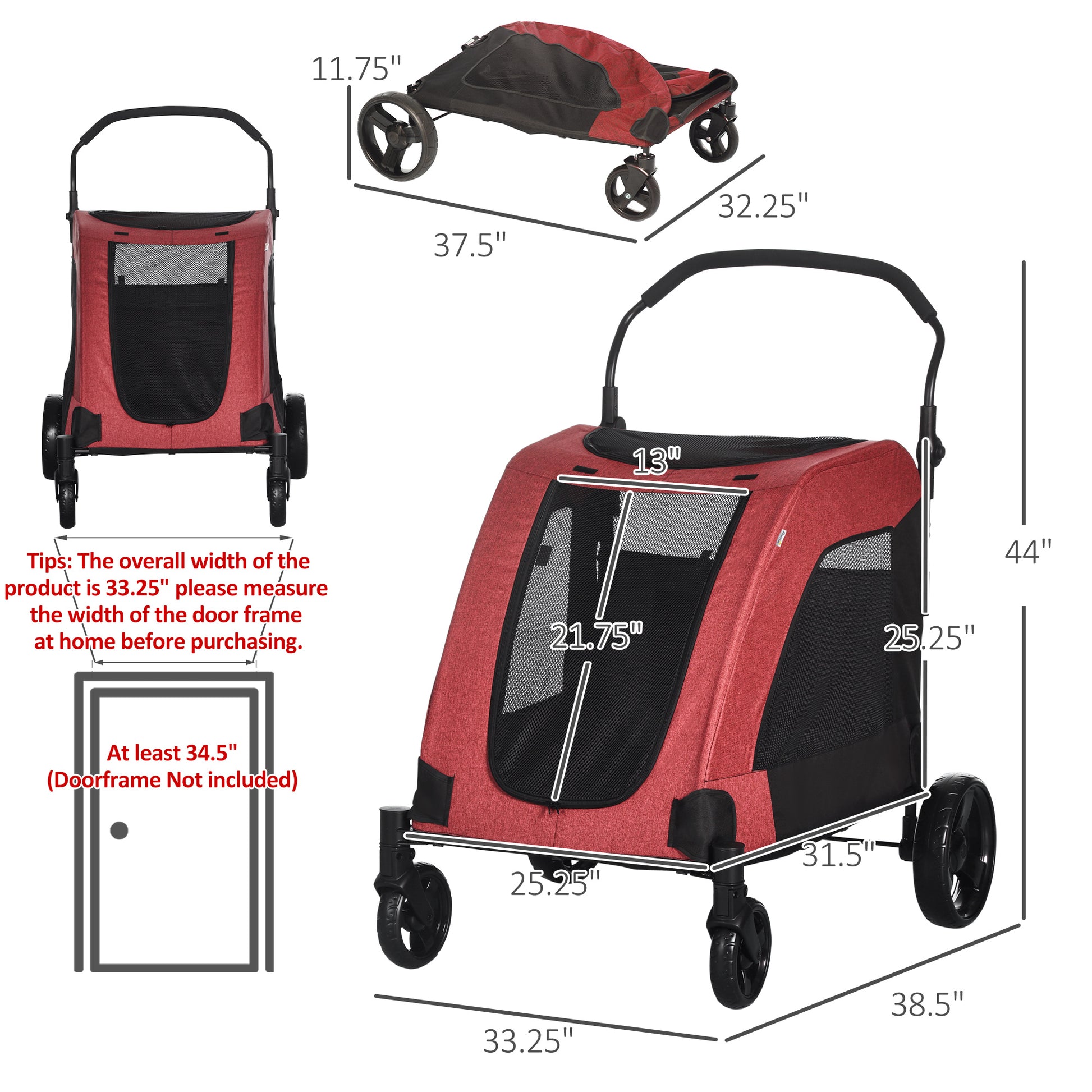 Pawhut Pet Stroller Universal Wheel With Storage Basket Ventilated Foldable Oxford Fabric For Medium Size Dogs, Red Red Iron