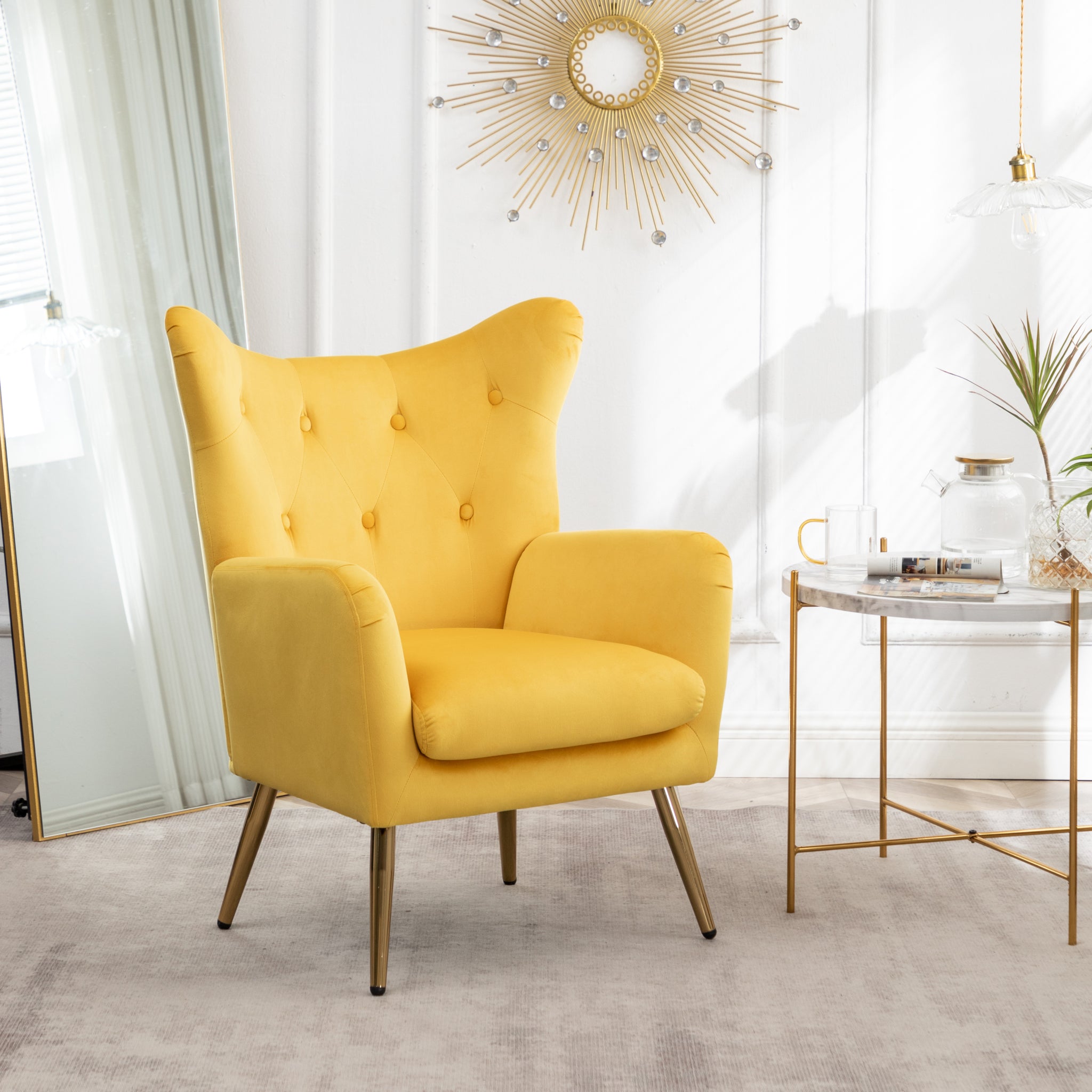 Sovarol Velvet Button Tufted Wing Back Accent Chair yellow-velvet