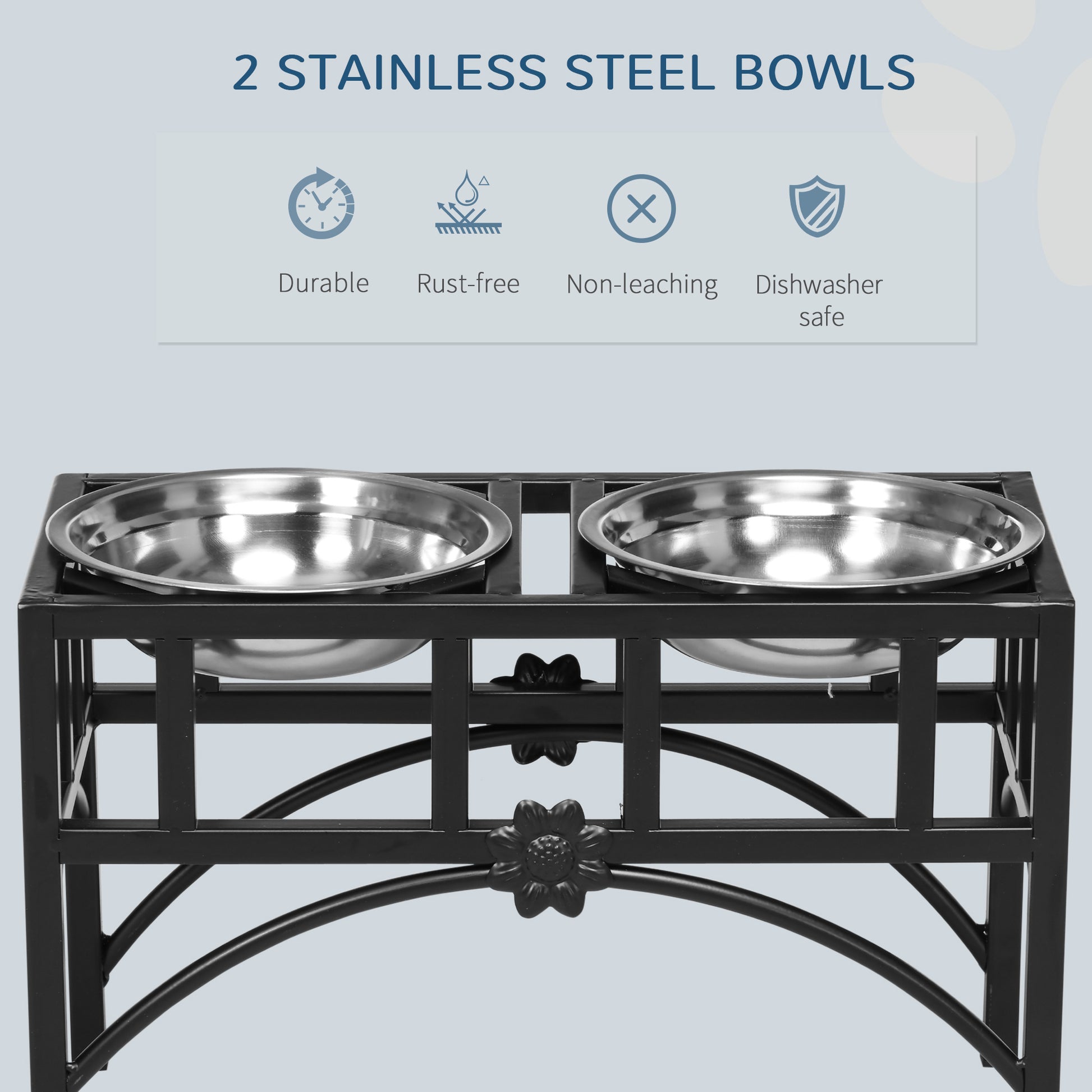 Pawhut Double Stainless Steel Heavy Duty Dog Food Bowl Elevated Pet Feeding Station For Medium Dogs, 17 Inches Black Steel