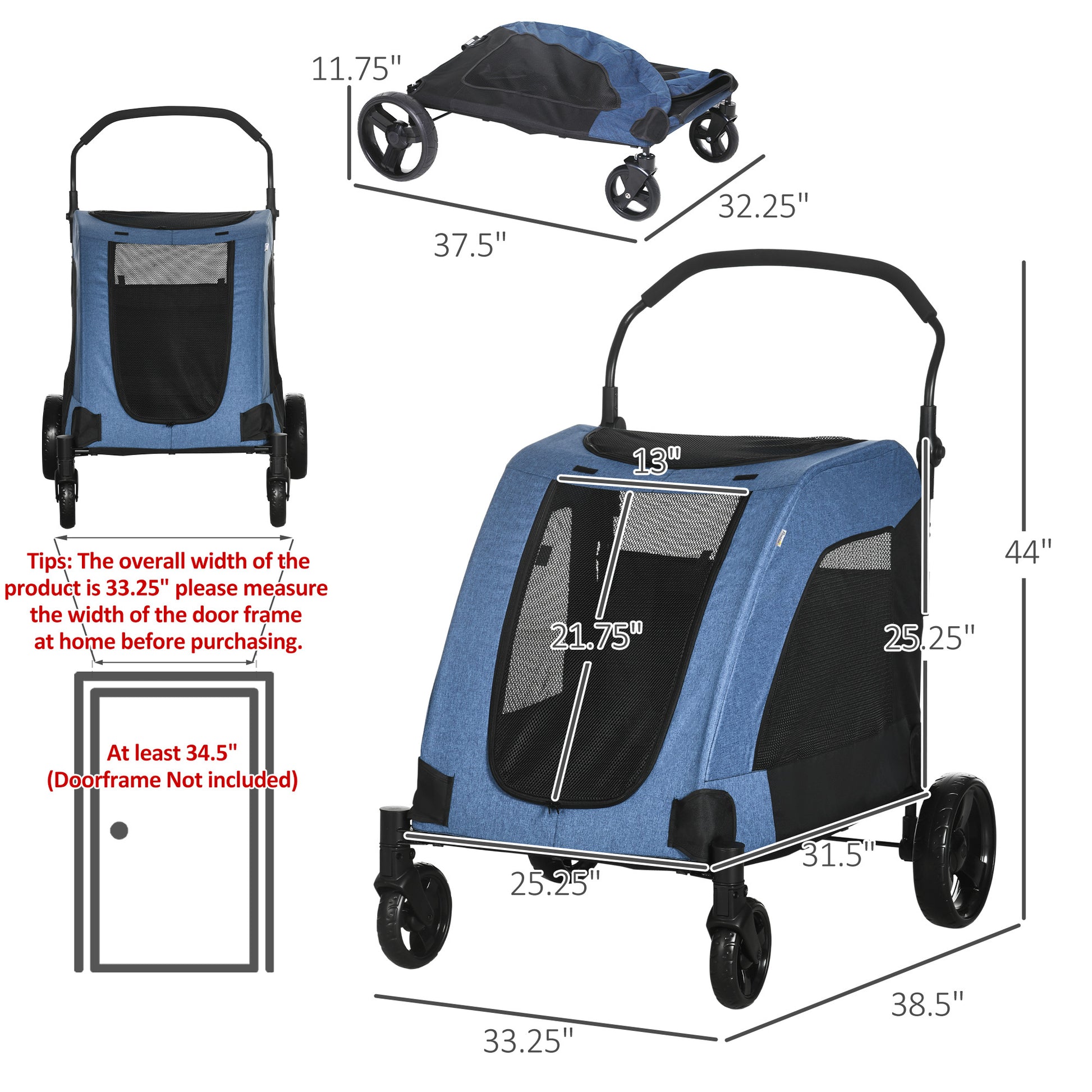 Pawhut Pet Stroller Universal Wheel With Storage Basket Ventilated Foldable Oxford Fabric For Medium Size Dogs, Blue Blue Iron