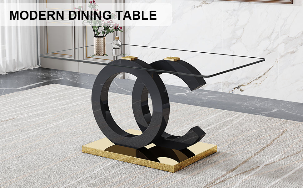 Large Modern Minimalist Rectangular Glass Dining Table, Suitable For 6 8 People, Equipped With 0.39 "Tempered Glass Tabletop, Black Mdf Oc Shaped Bracket And Metal Base, Suitable For Kitchen F Oc Transparent Glass