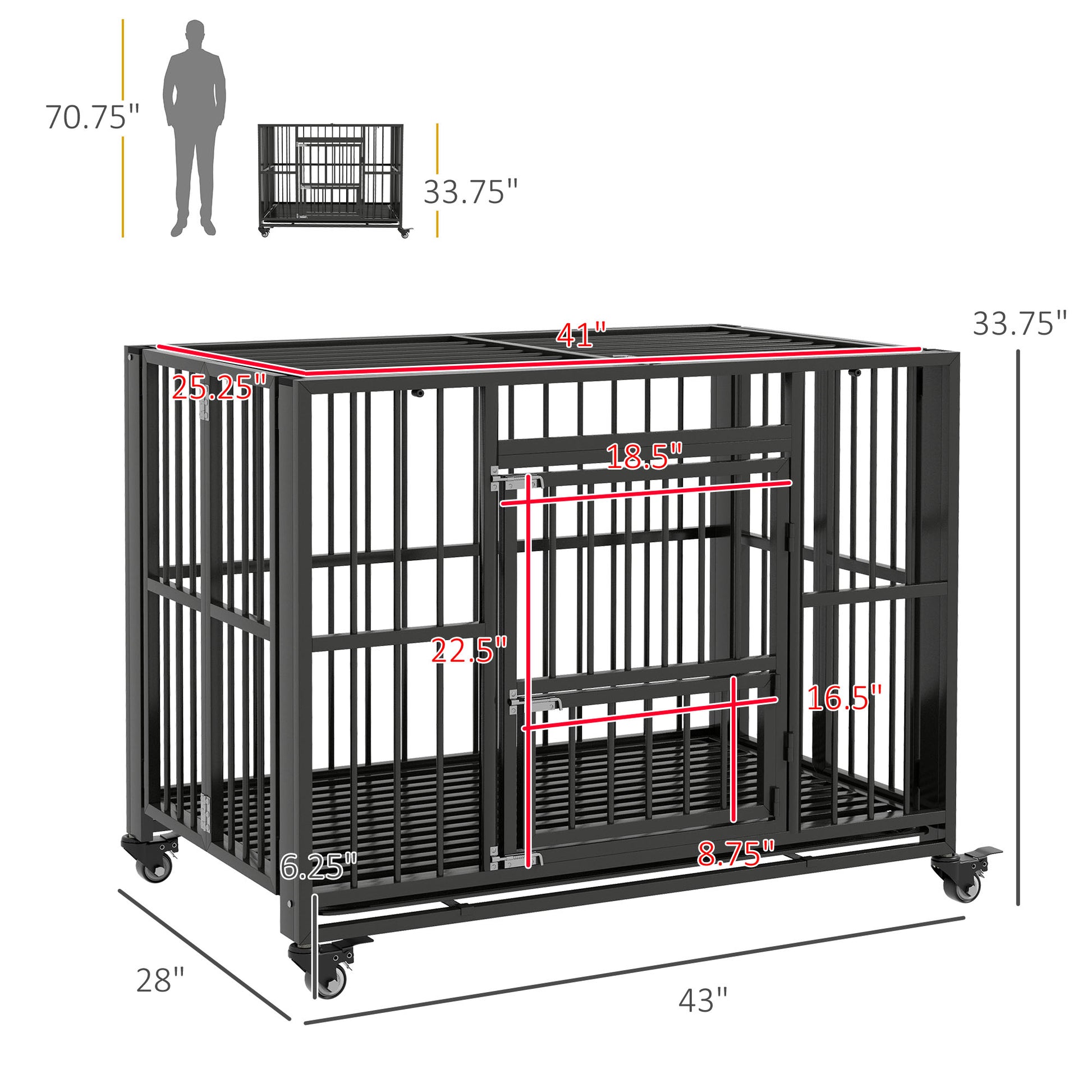 Pawhut 43" Heavy Duty Dog Crate, Strong Steel Foldable Large Dog Crate With 4 Lockable Wheels, Double Doors, Openable Top And Removable Trays For Medium And Large Dogs, Black Black Steel