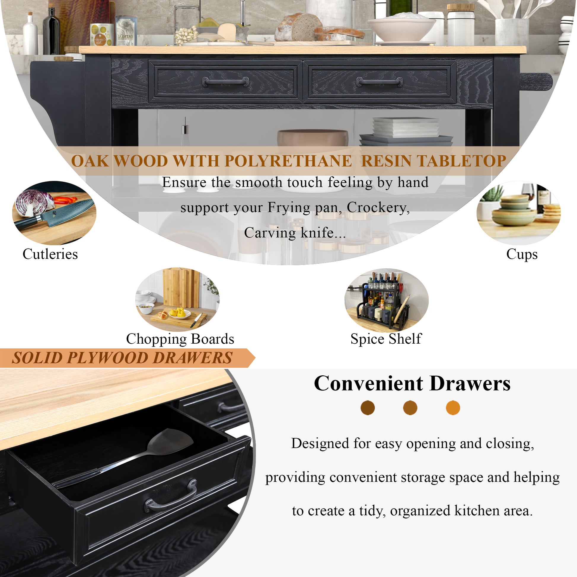 57 Inch Rolling Kitchen Island With Storage,Kitchen Cart With Solid Oak Wood Top,Two Sided Kitchen Island Cart On Wheelswine And Spice Rack, Large Kitchen Cart With 2 Drawers, Black Natural Top Black Natural Dining Room American Design Rectangular