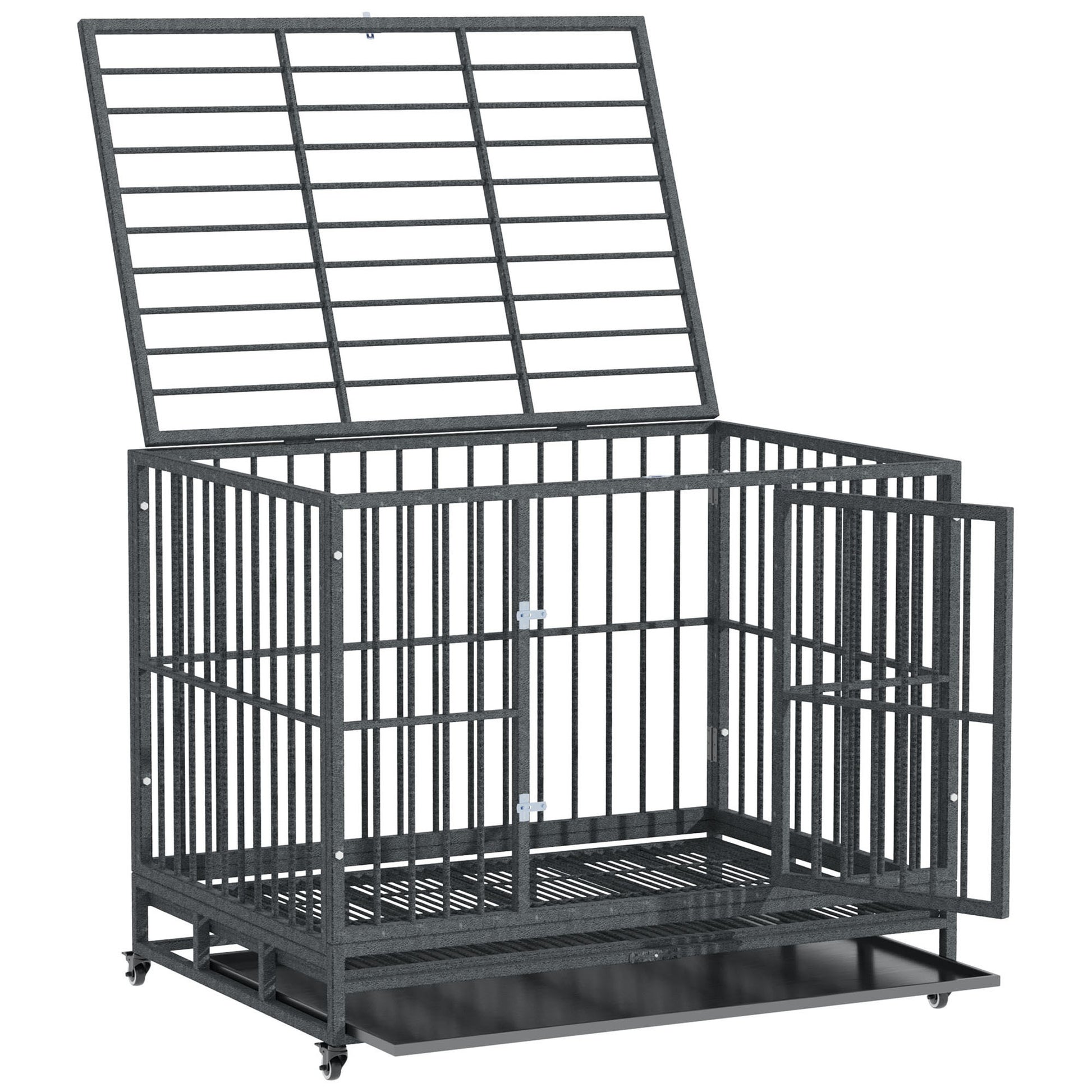 Pawhut 43" Heavy Duty Dog Crate Metal Cage Kennel With Lockable Wheels, Double Door And Removable Tray, Grey Gray Steel