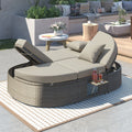 Outdoor Sun Bed Patio 2 Person Daybed With Cushions And Pillows, Rattan Garden Reclining Chaise Lounge With Adjustable Backrests And Foldable Cup Trays For Lawn,Poolside, Gray Yes Complete Patio Set Gray Weather Resistant Frame Water Resistant Cushion