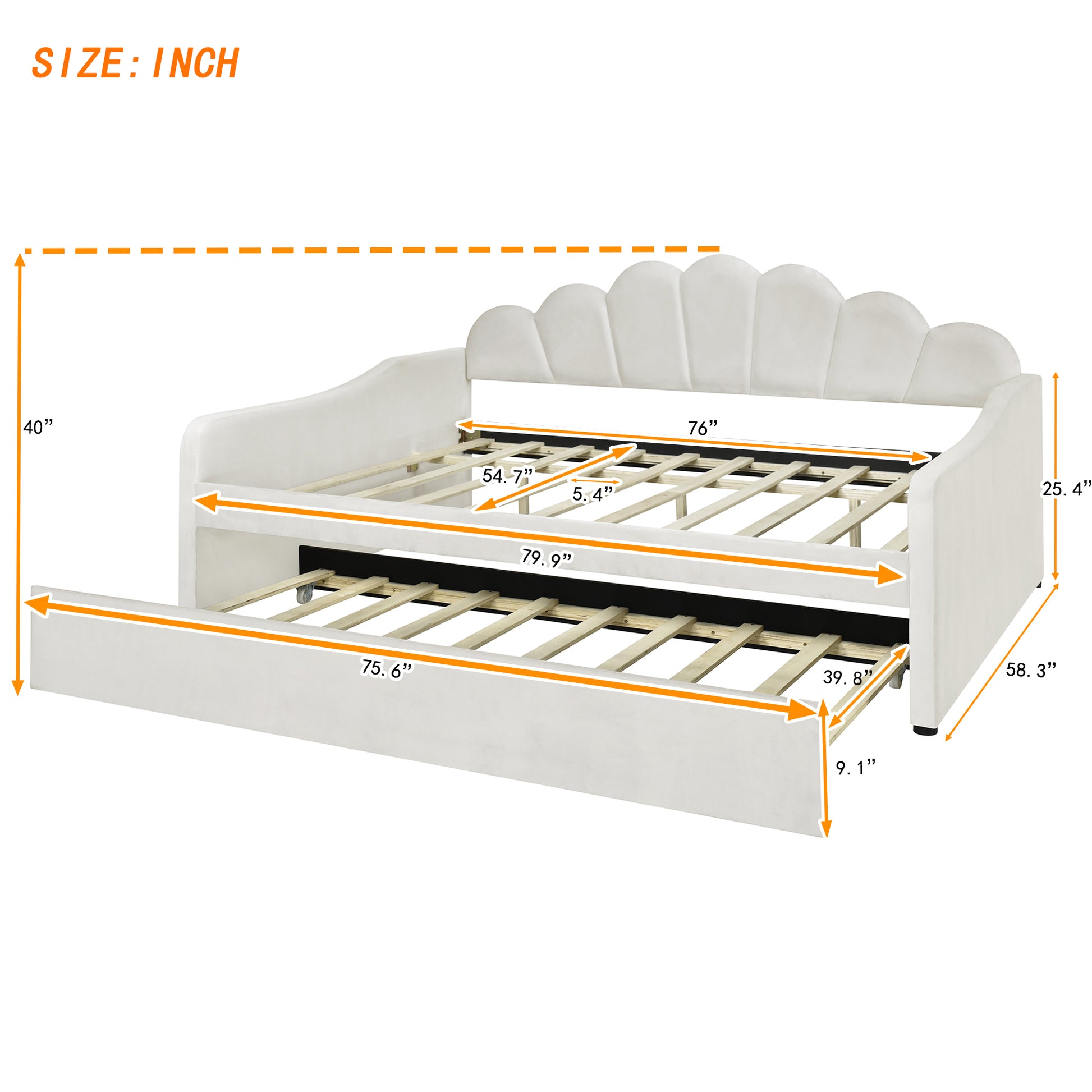 Full Size Upholstery Daybed Frame With Shall Shaped Backrest And Trundle,White Full White Solid Wood Mdf