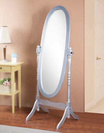 Traditional Queen Anna Style Wood Floor Cheval Mirror, Silver Finish Silver Wood