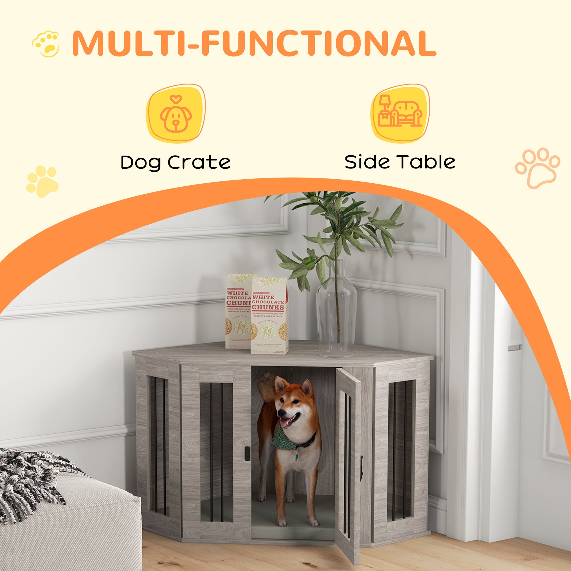 PawHut Corner Dog Crate Furniture, End Table Dog brown-steel