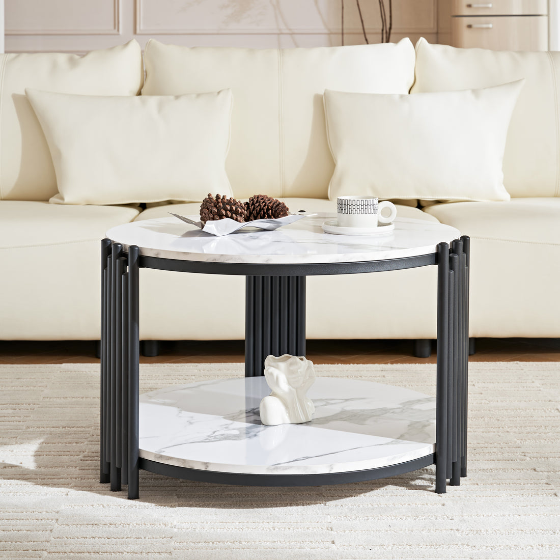 28.35 Inches Round Coffee Table, Small Coffee Table With Storage, Faux Marbling Top & Sturdy Metal Legs, Modern Sofa Table For Living Room, Small Spaces, Home Furniture With Storage Open Shelf. Black Black Mdf Metal