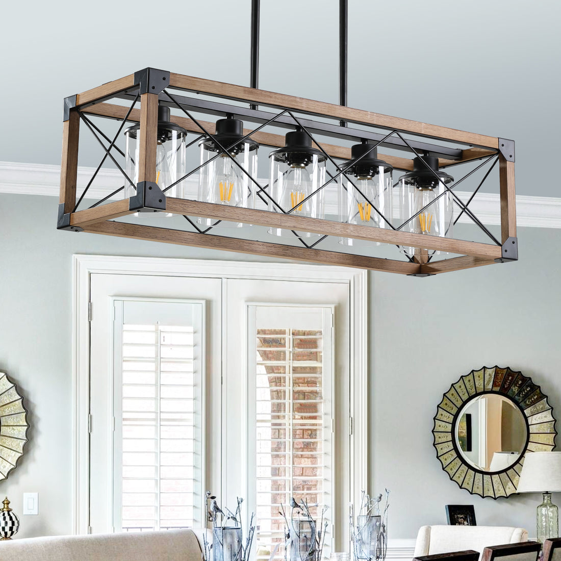 Same As W1340P155967 L1011 G 5 Light Retro Farmhouse Chandelier For Kitchen, Living Room, Dining Room Walnut No Bulbs Walnut Black Farmhouse Iron