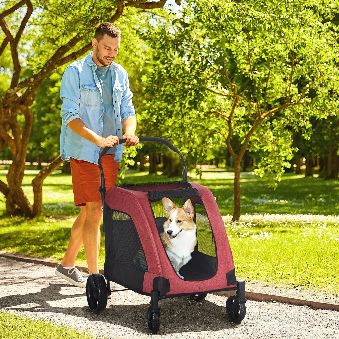 Pawhut Pet Stroller Universal Wheel With Storage Basket Ventilated Foldable Oxford Fabric For Medium Size Dogs, Red Red Iron