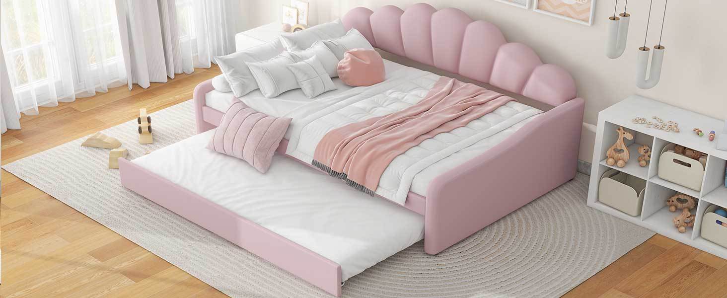 Full Size Upholstery Daybed Frame With Shall Shaped Backrest And Trundle,Pink Full Pink Upholstered