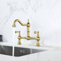 Double Handle Widespread Kitchen Faucet With Traditional Handles Brushed Gold Brass