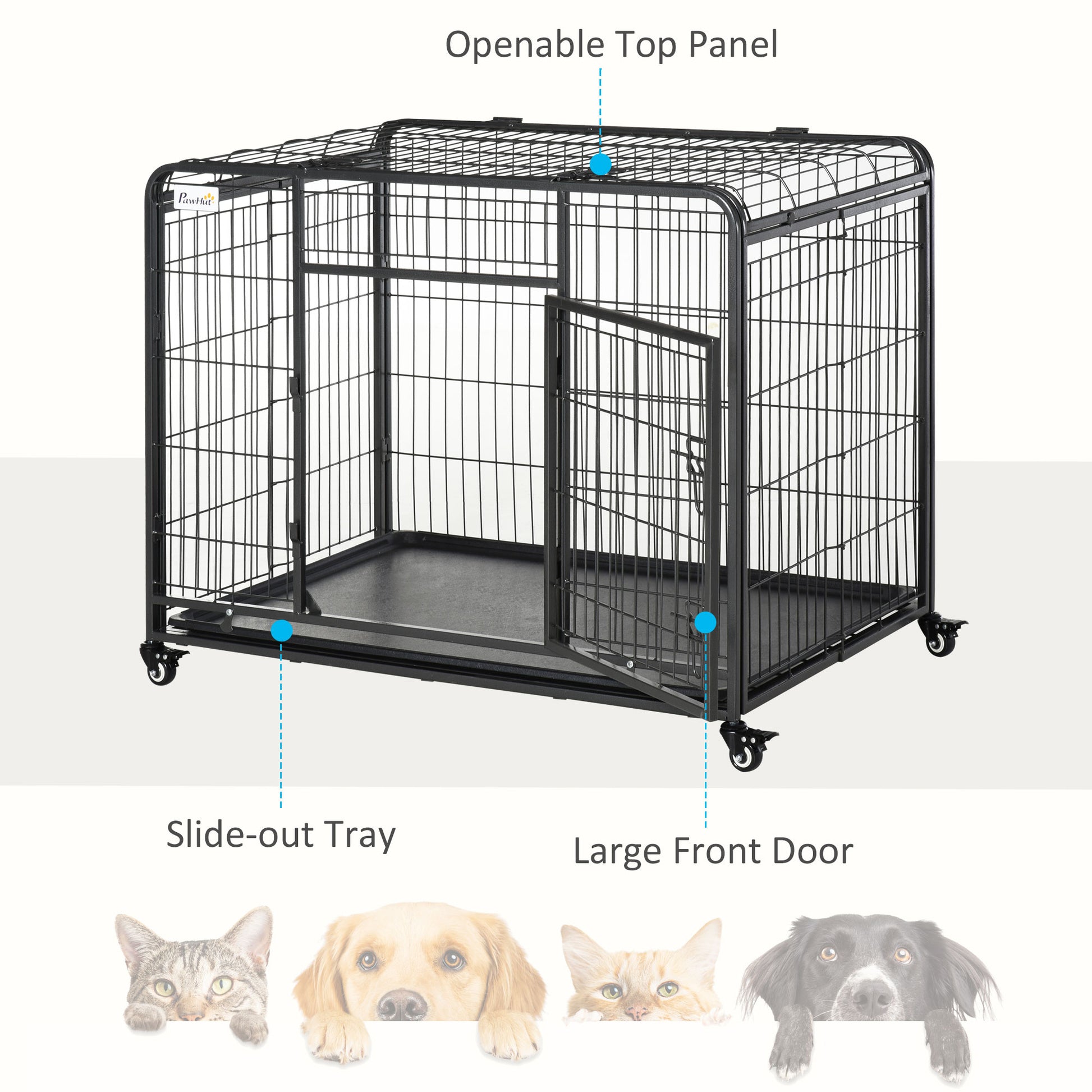 Pawhut Folding Design Heavy Duty Metal Dog Cage Crate & Kennel With Removable Tray And Cover, & 4 Locking Wheels, Indoor Outdoor 43" Gray Steel