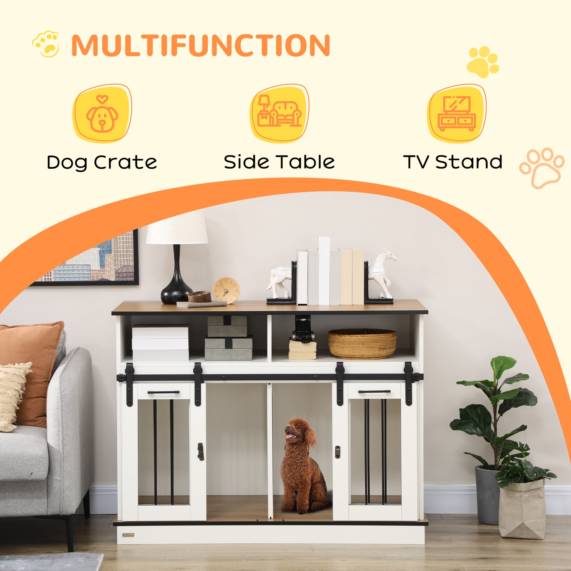 Pawhut Dog Crate Furniture For Large Dogs Or Double Dog Kennel For Small Dogs With Shelves, Sliding Doors, 47" X 23.5" X 35", White White Steel