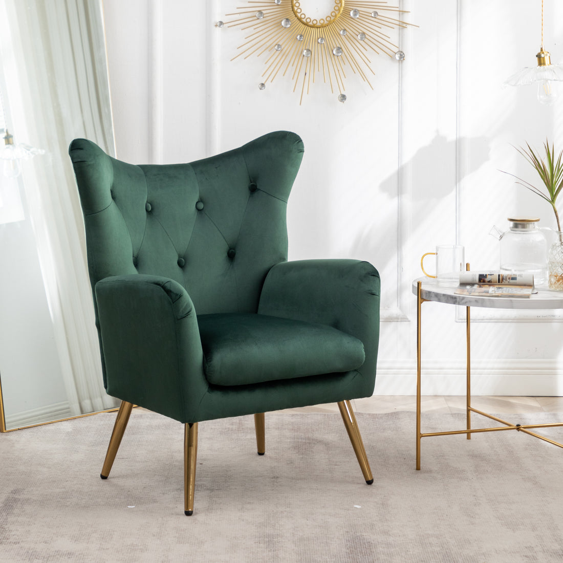 Sovarol Velvet Button Tufted Wing Back Accent Chair, Green Green Velvet