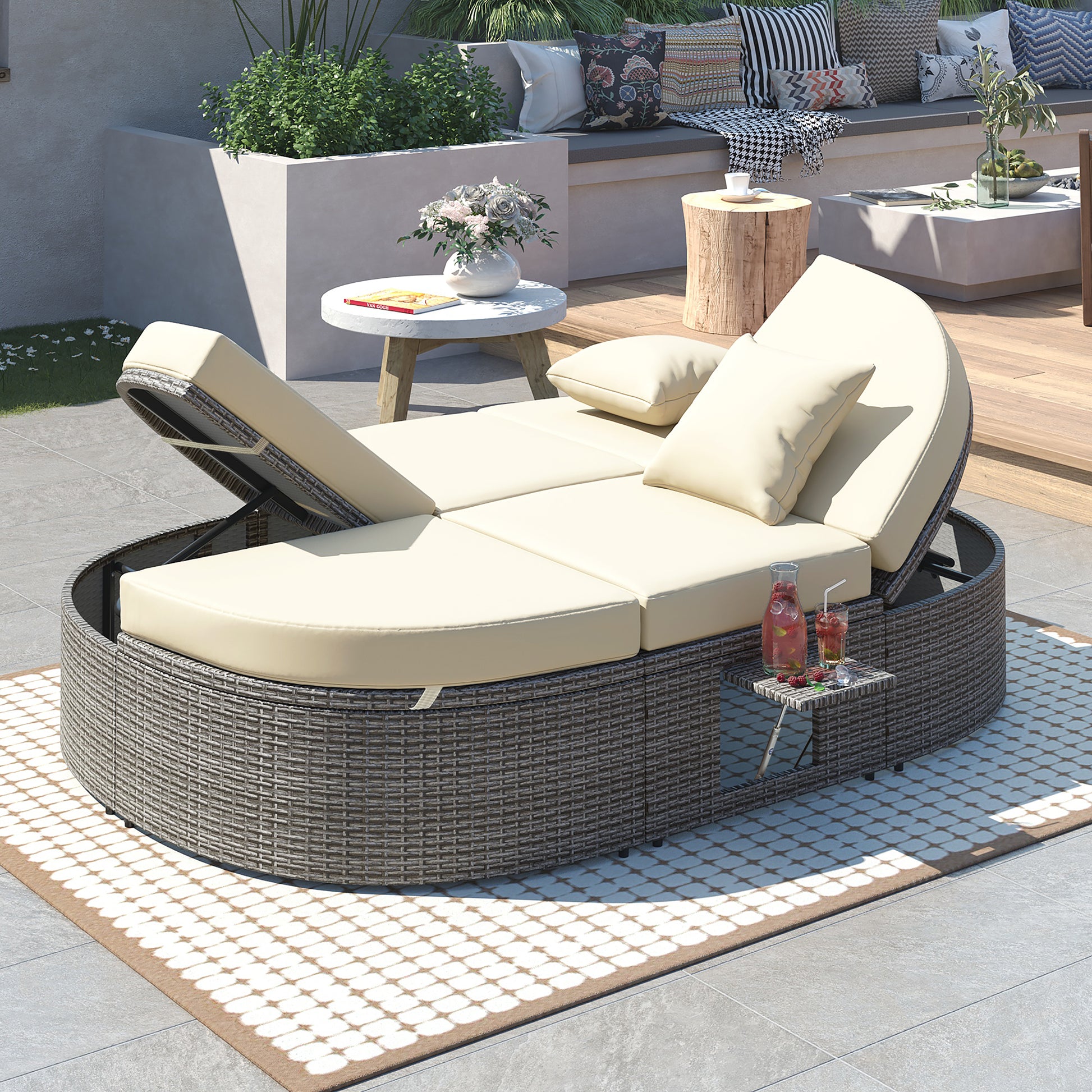 Outdoor Sun Bed Patio 2 Person Daybed With Cushions And Pillows, Rattan Garden Reclining Chaise Lounge With Adjustable Backrests And Foldable Cup Trays For Lawn, Poolside, Beige Yes Complete Patio Set Beige Weather Resistant Frame Water Resistant Cushion