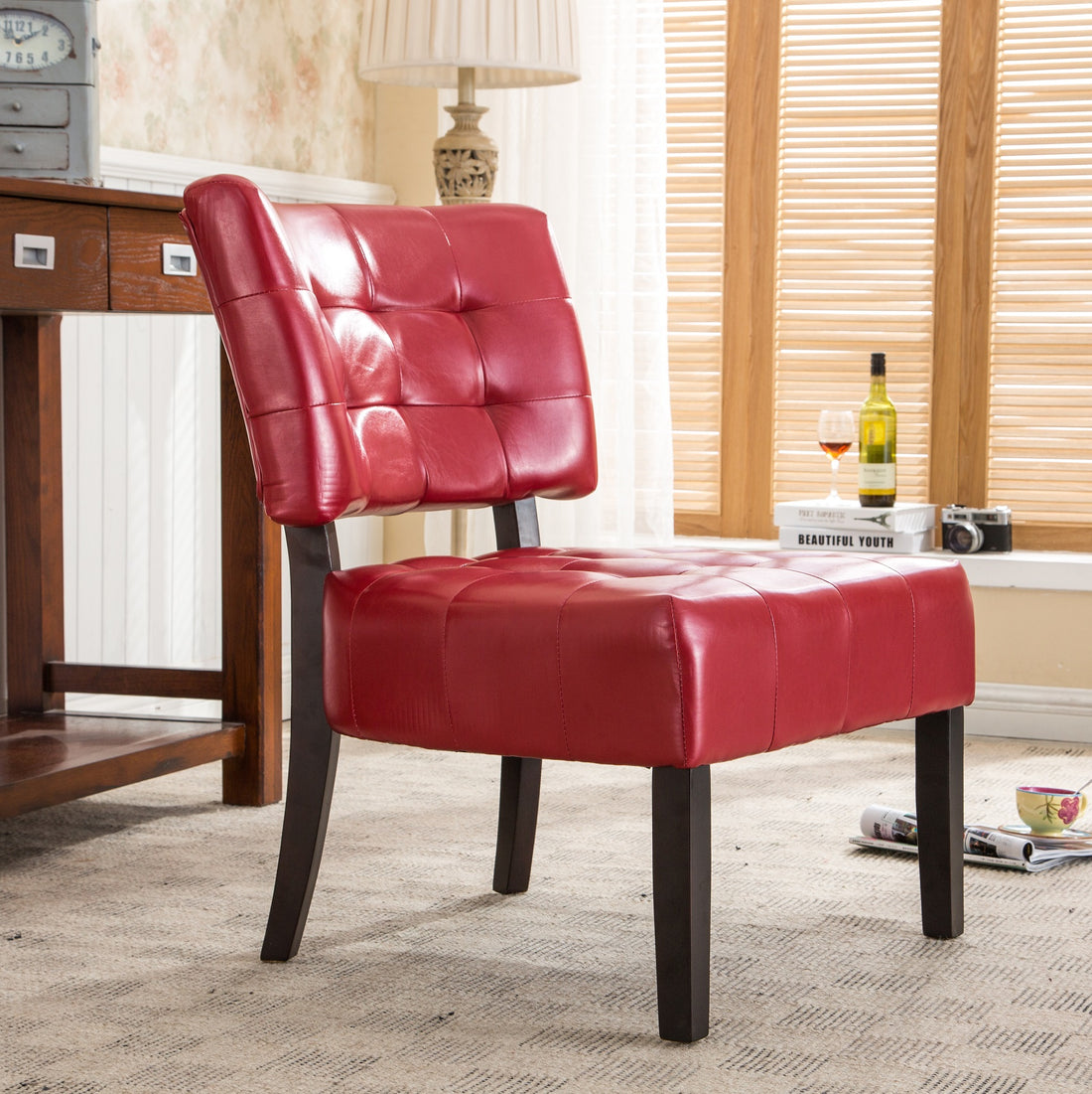 Blended Leather Tufted Accent Chair With Oversized Seating, Red Red Wood
