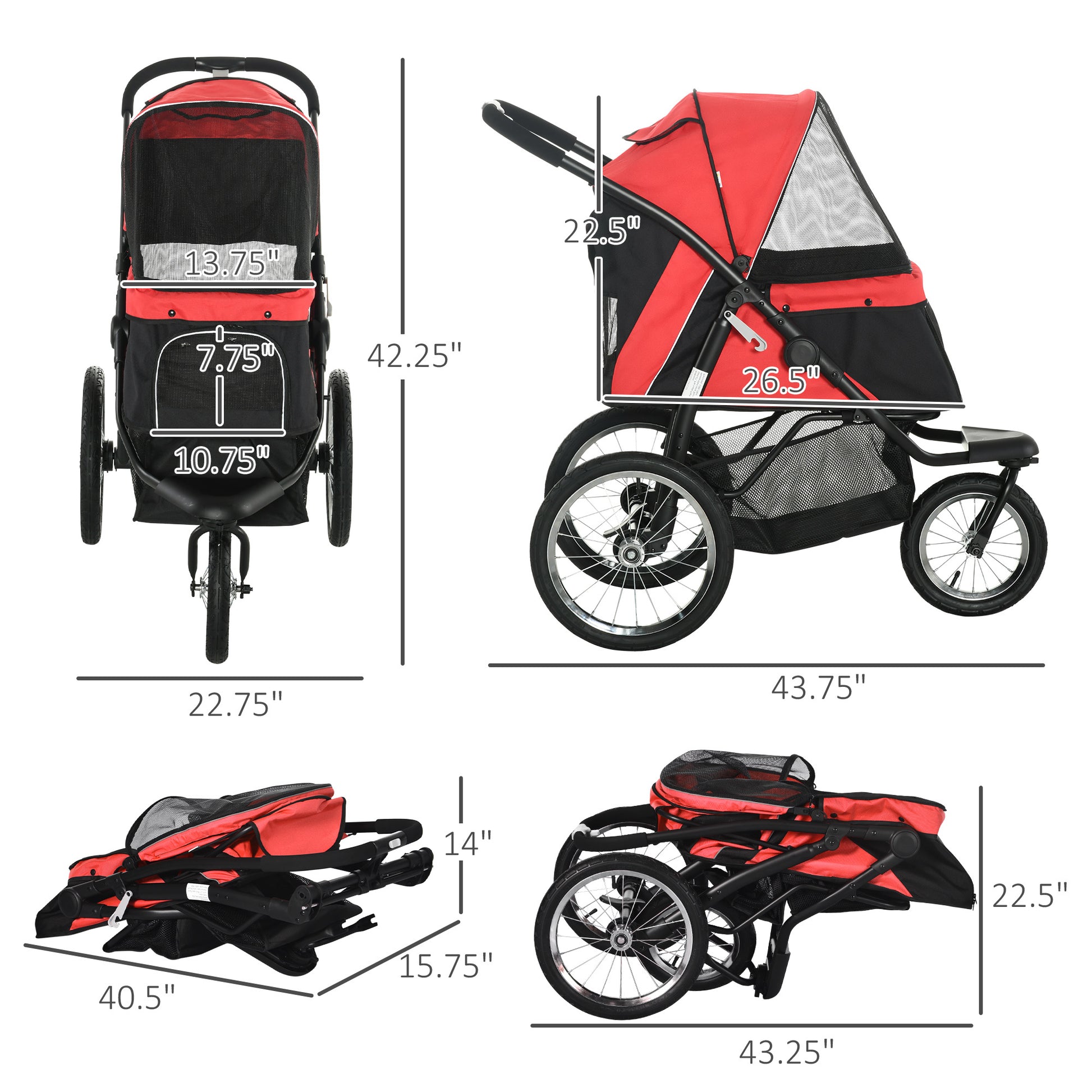 Pawhut Pet Stroller For Small And Medium Dogs, 3 Big Wheels Foldable Cat Stroller With Adjustable Canopy, Safety Tether, Storage Basket, Red Red Steel